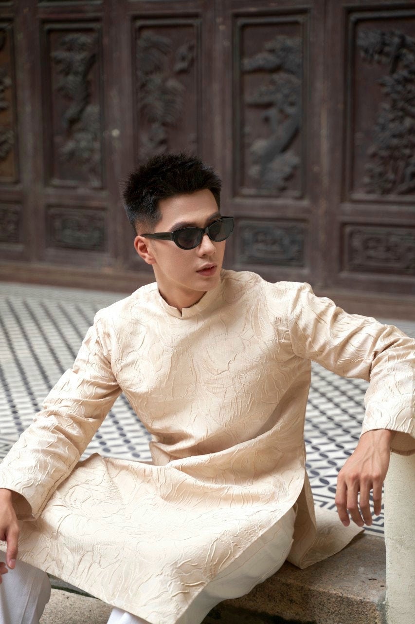 Men Beige/Tan 3D Gam Ao Dai Top 23-24C AoDaibyCuteSass