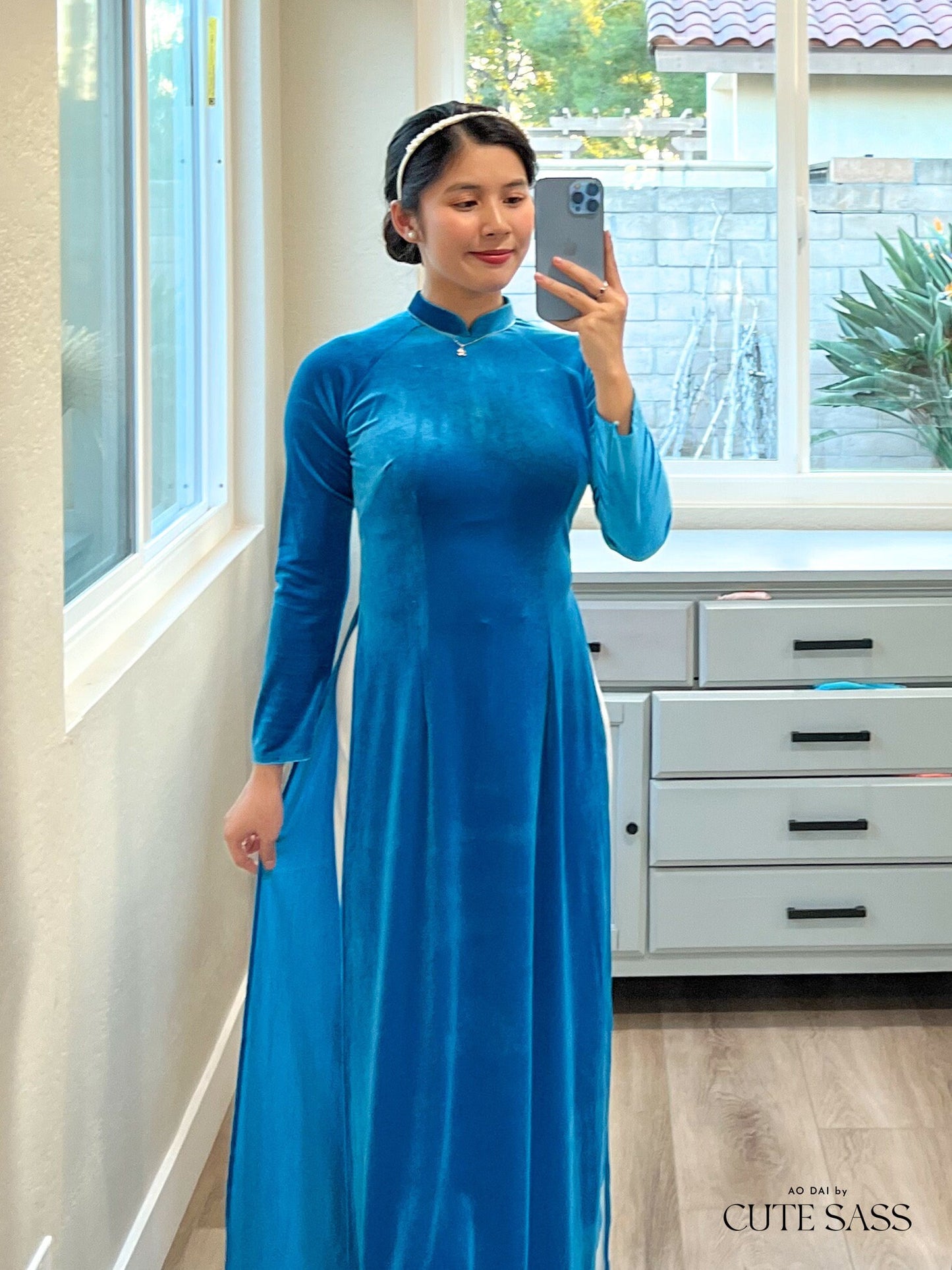 Turquoise Velvet Ao Dai Top Only, NO PANTS