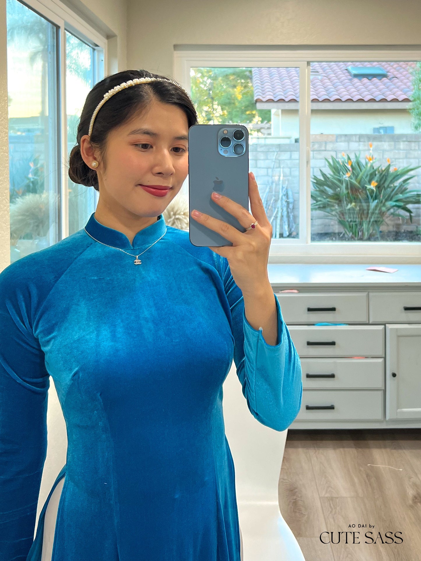 Turquoise Velvet Ao Dai Top Only, NO PANTS