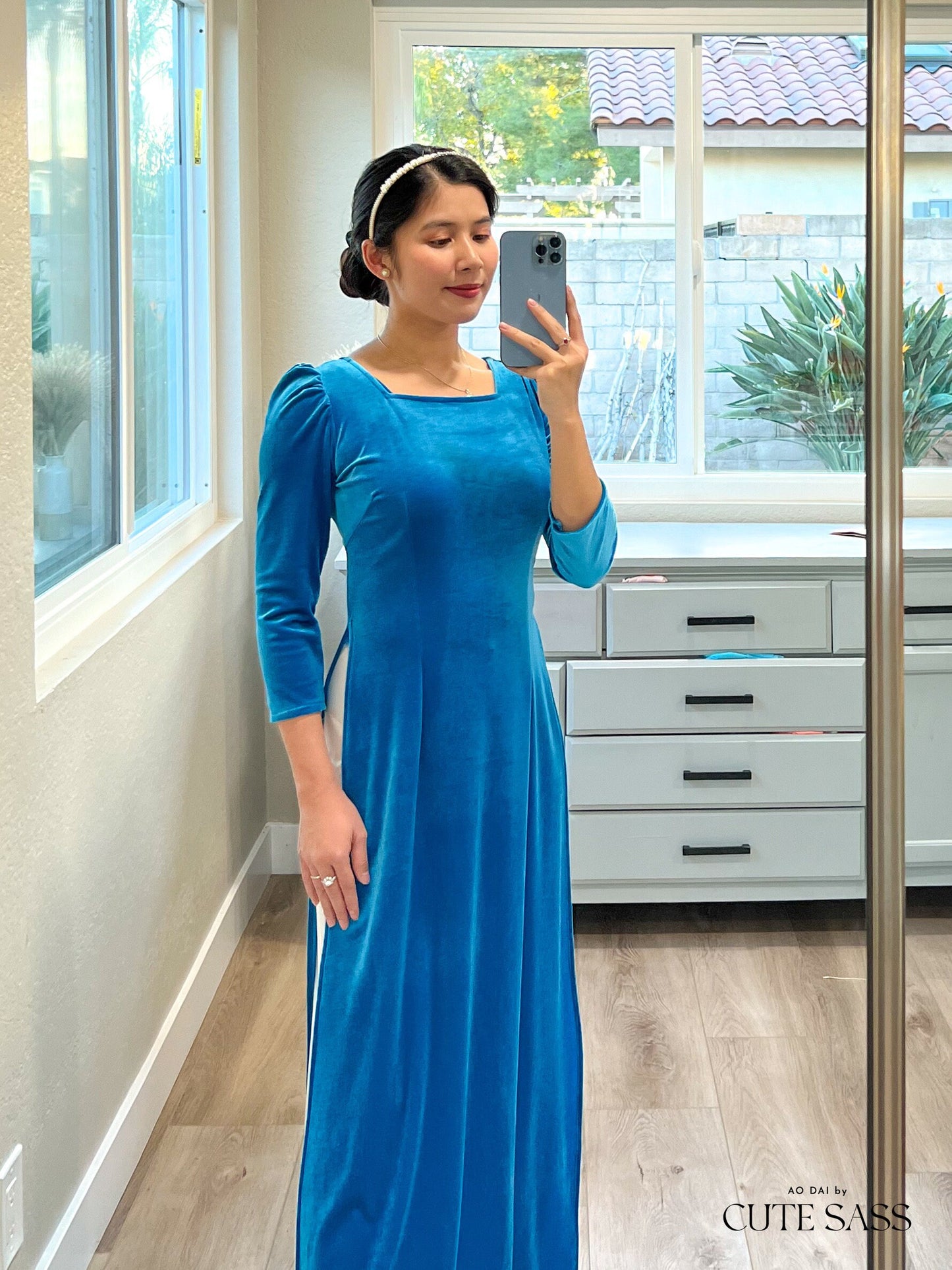 Turquoise Velvet Ao Dai Top Only, NO PANTS