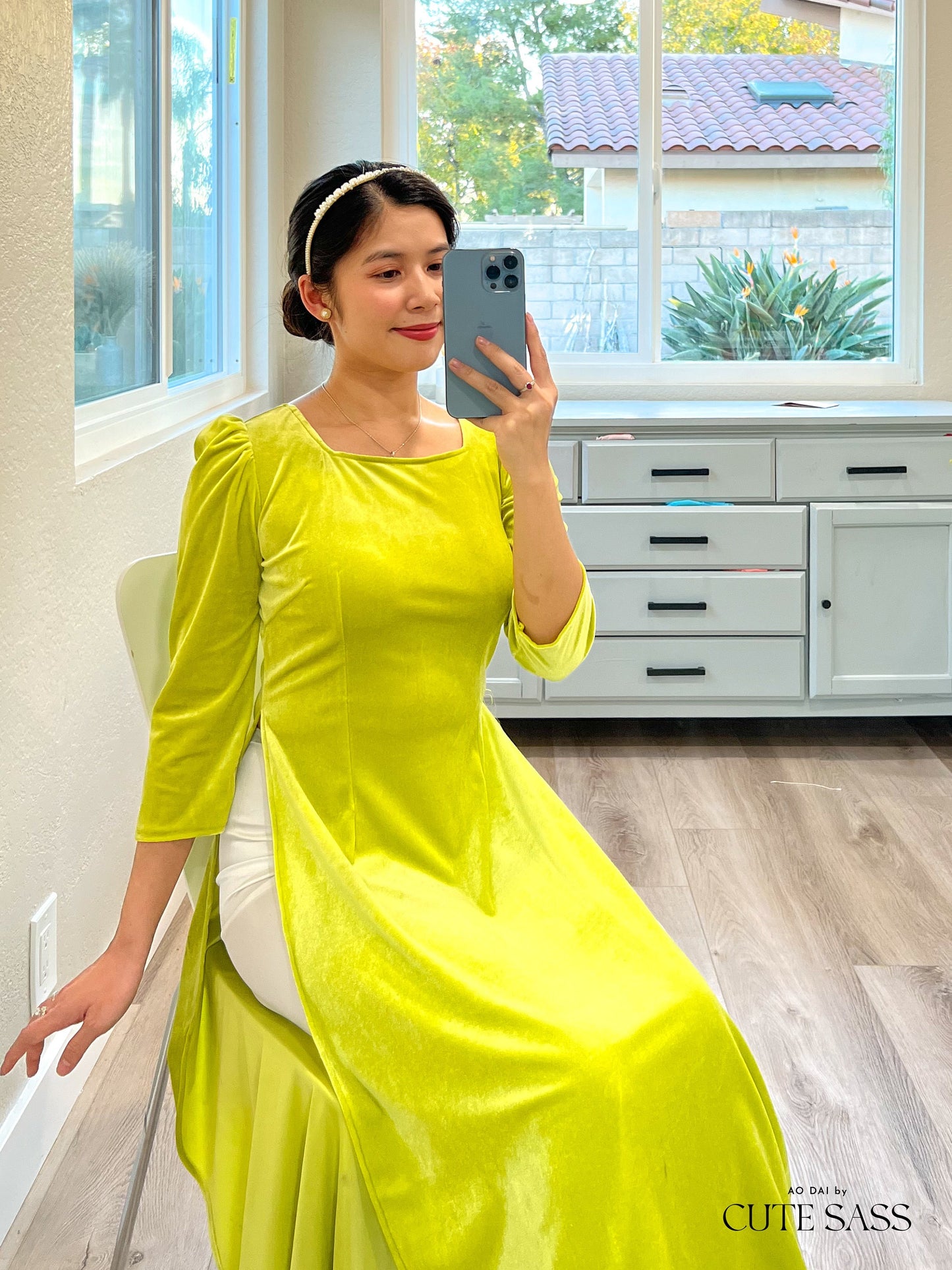 Lime Green Velvet Ao Dai Top Only, NO PANTS