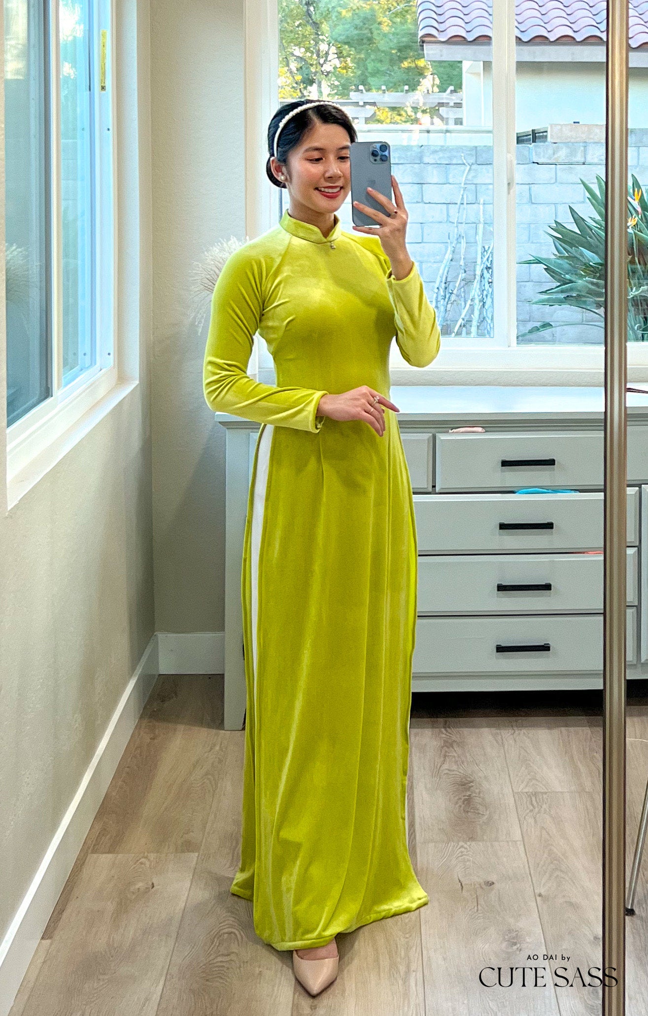 Lime Green Velvet Ao Dai Top Only, NO PANTS
