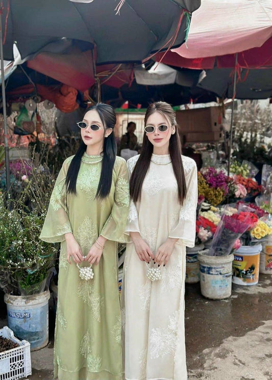 Shifted Chiffon Embroidery Ao Dai Top Only, NO PANTS (5 Colors)