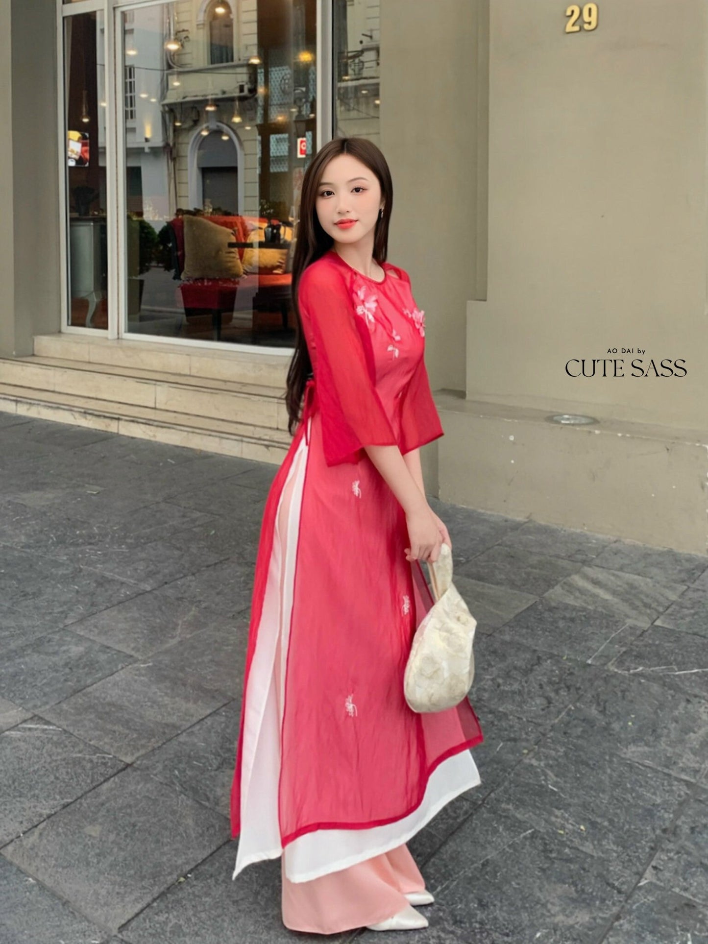 Red Embroidery Ao Dai Set | Pre-made Modernized Vietnamese Ao Dai | Pastel Ao Dai | Lunar New Year|
