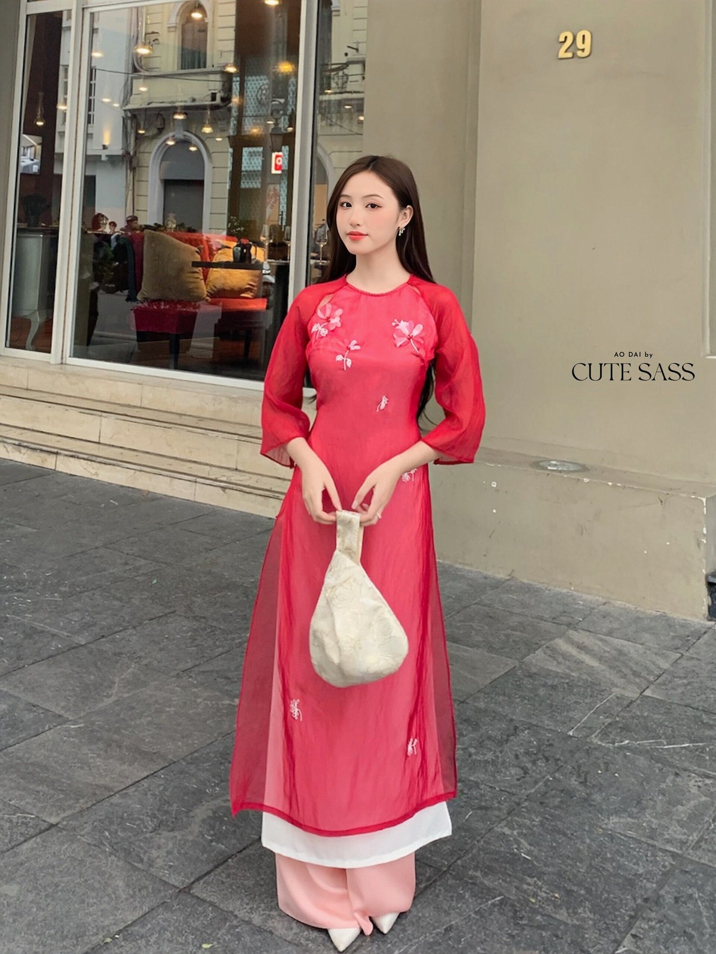 Red Embroidery Ao Dai Set | Pre-made Modernized Vietnamese Ao Dai | Pastel Ao Dai | Lunar New Year|