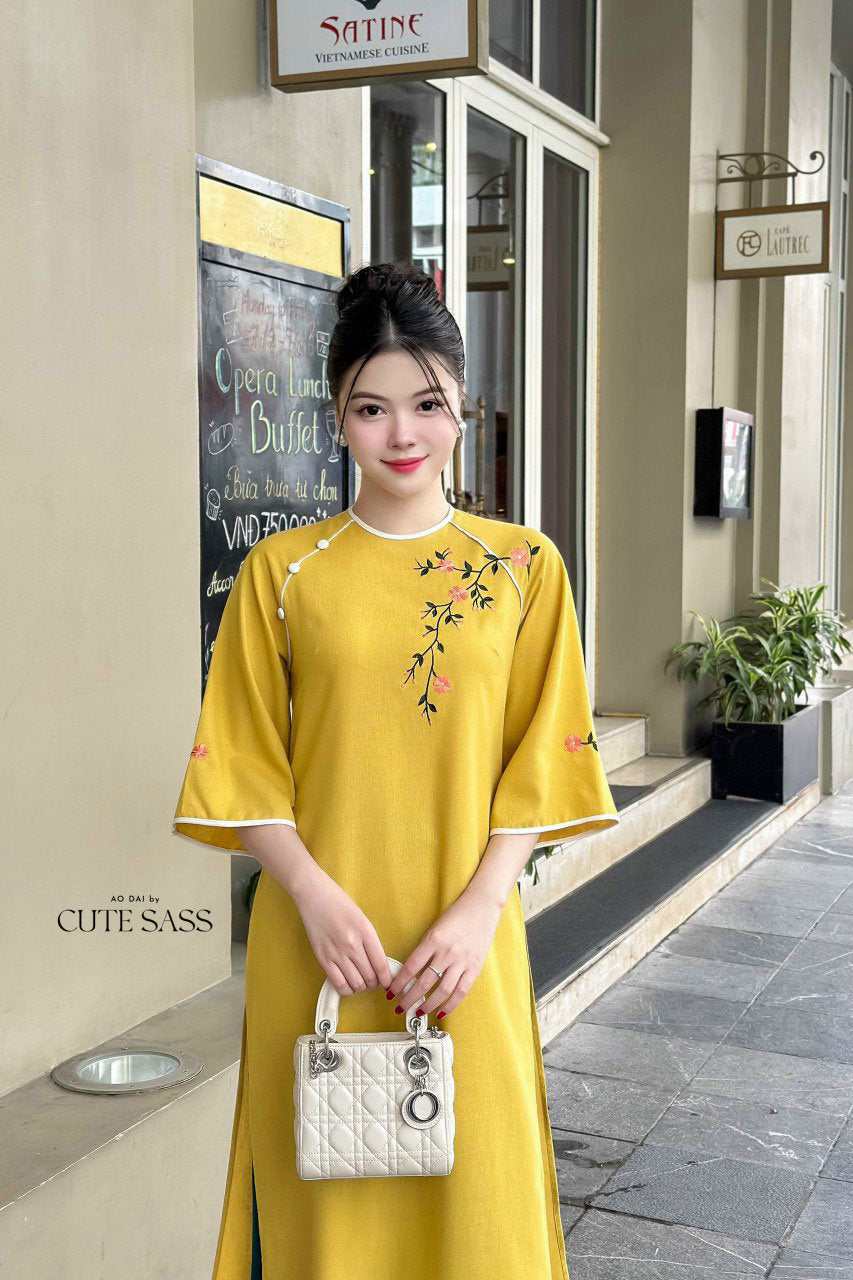 Shifted Embroidery Yellow Ao Dai Set |Pre-made Vietnamese Ao Dai|Women Ao Dai with Pants |Lunar New Year| Ao Dai Truyen Thong|