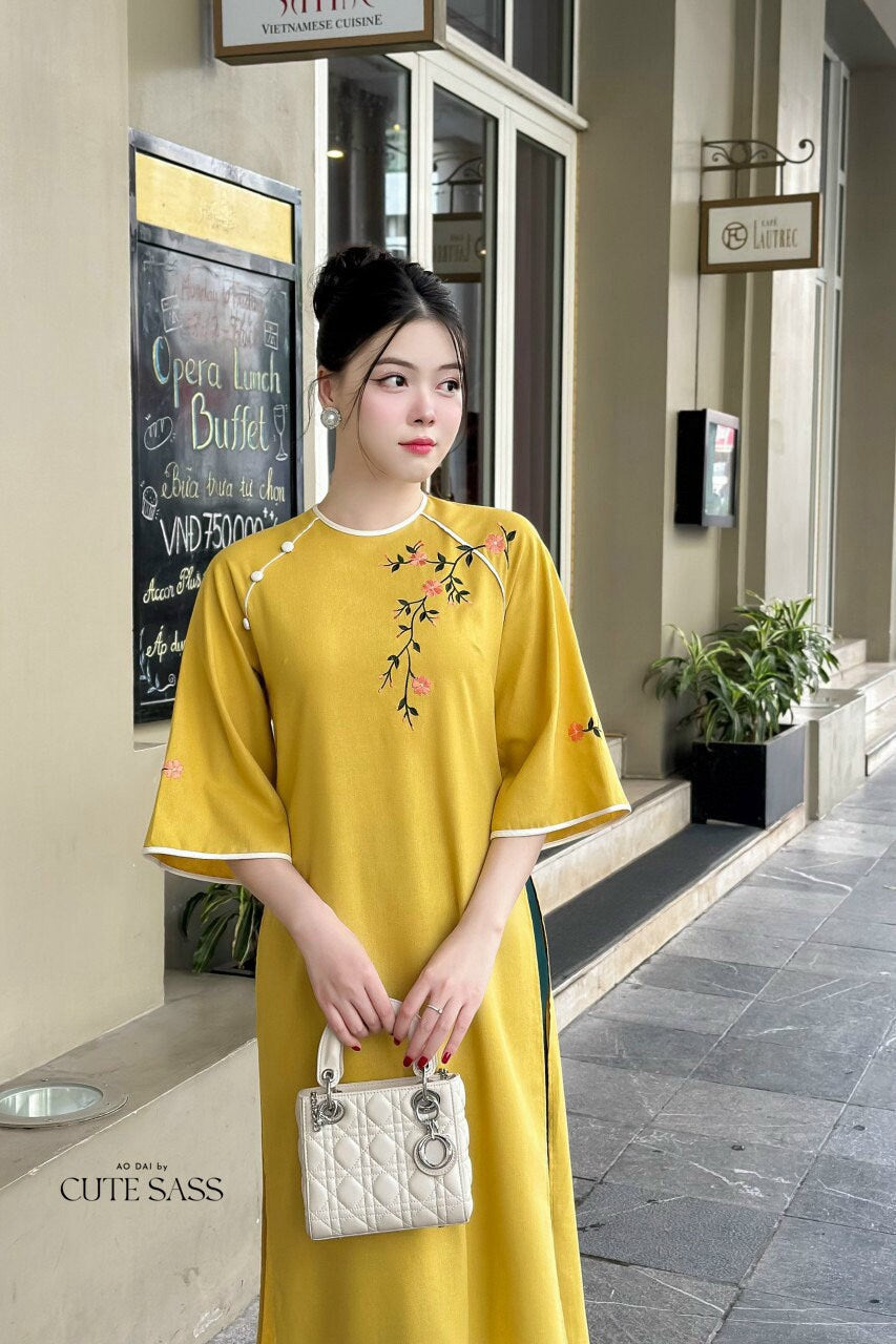 Shifted Embroidery Yellow Ao Dai Set |Pre-made Vietnamese Ao Dai|Women Ao Dai with Pants |Lunar New Year| Ao Dai Truyen Thong|