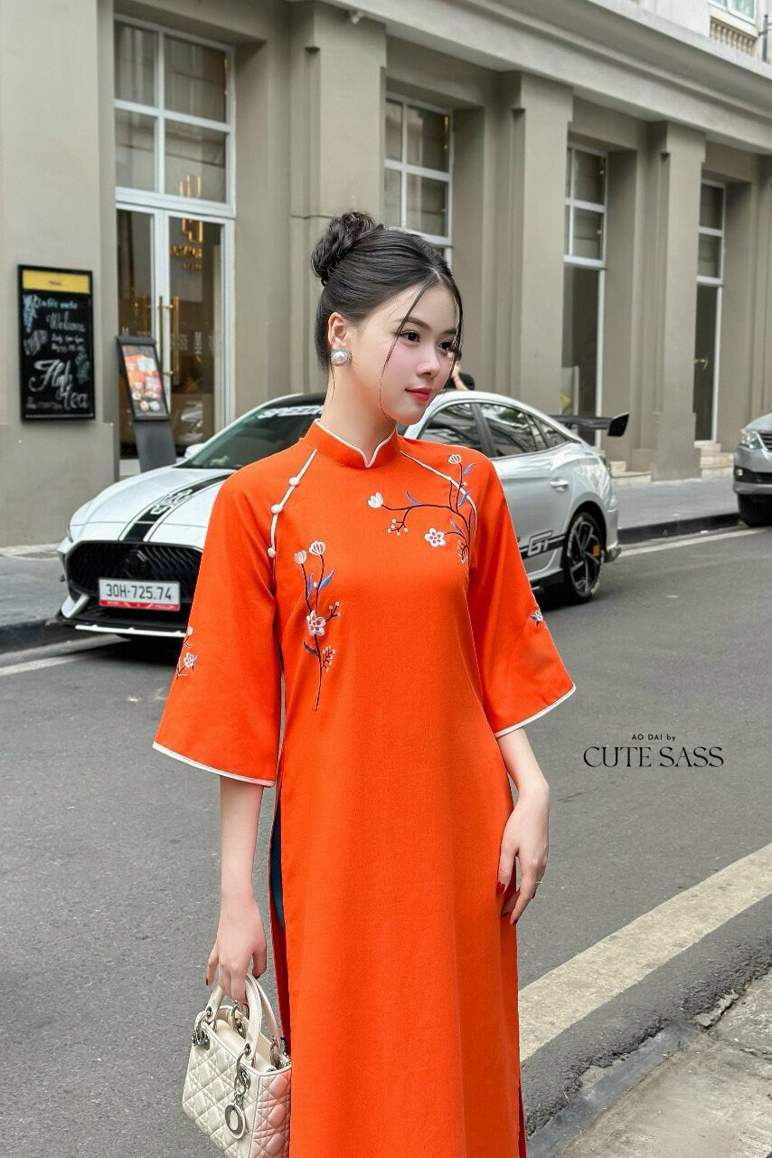 Shifted Embroidery Orange Ao Dai Set |Pre-made Vietnamese Ao Dai|Women Ao Dai with Pants |Lunar New Year| Ao Dai Truyen Thong|