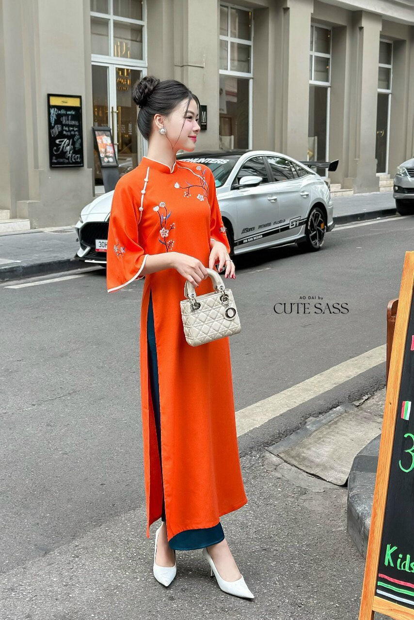 Shifted Embroidery Orange Ao Dai Set |Pre-made Vietnamese Ao Dai|Women Ao Dai with Pants |Lunar New Year| Ao Dai Truyen Thong|