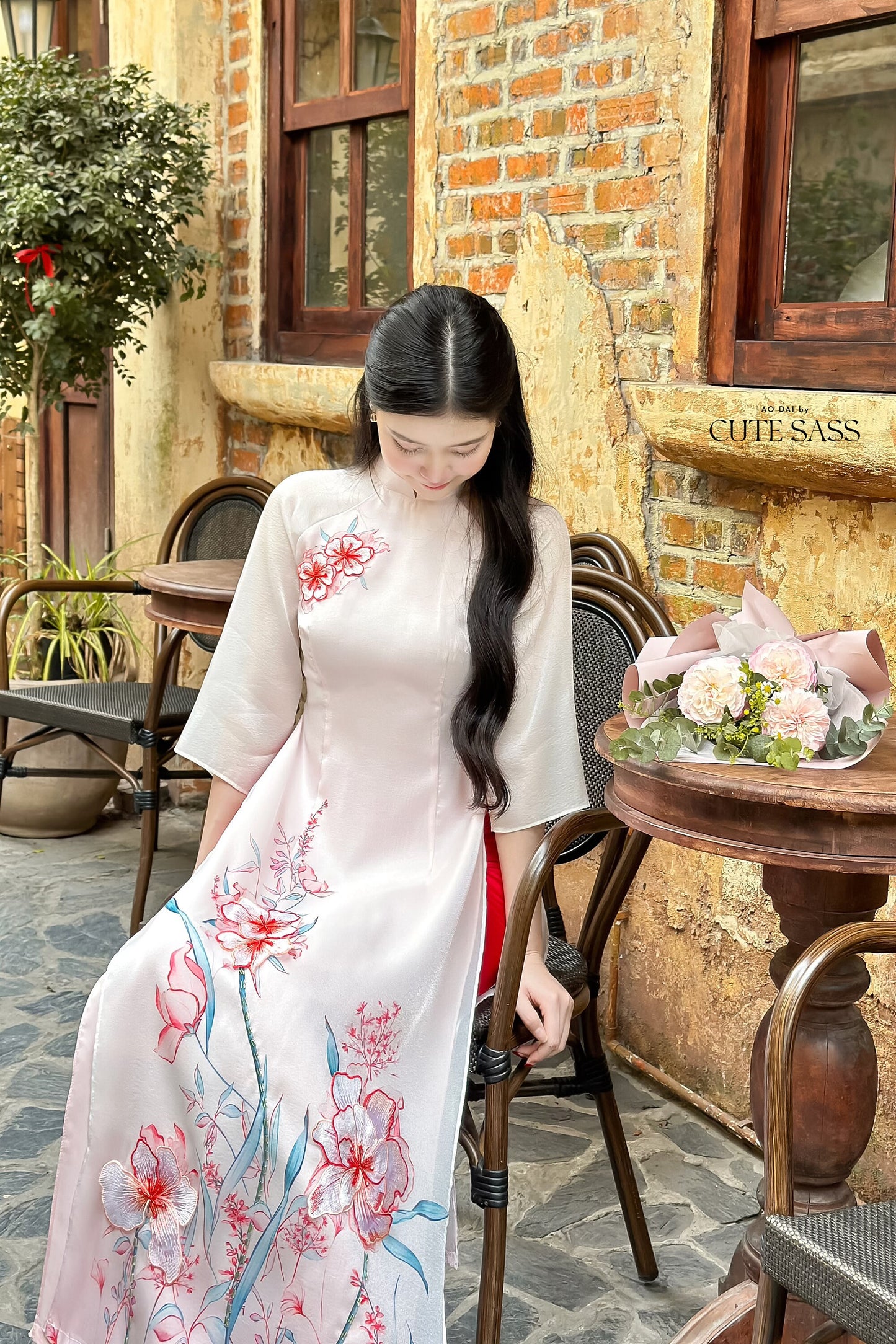 Blush Sparkle Spring Ao Dai Set| Pre-made Traditional Vietnamese Ao Dai|Ao Dai with Pants|Lunar New Year|Ao Dai Cach Tan|