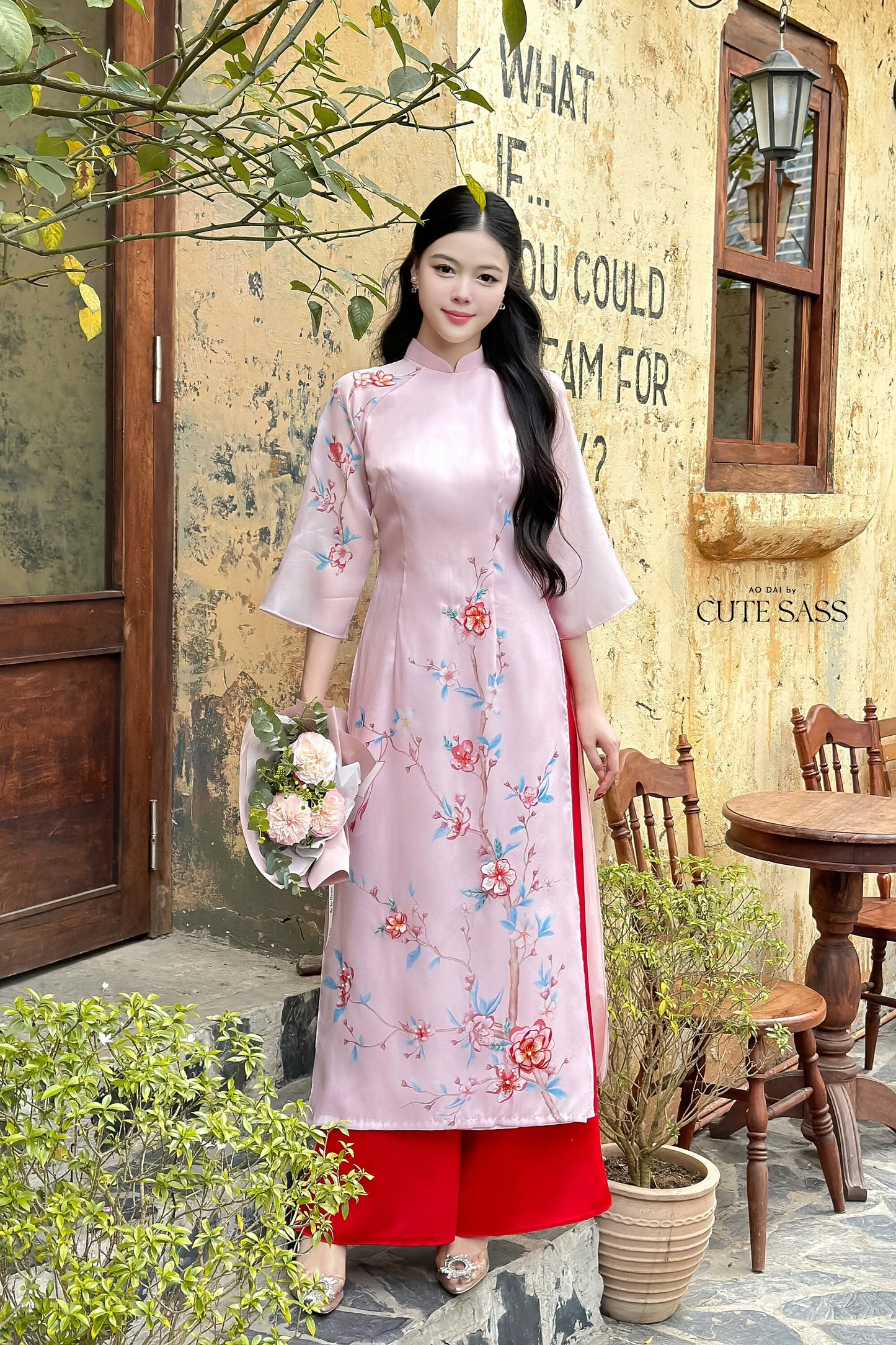 Light Pink Sparkle Spring Ao Dai Set| Pre-made Traditional Vietnamese Ao Dai|Ao Dai with Pants|Lunar New Year|Ao Dai Cach Tan|