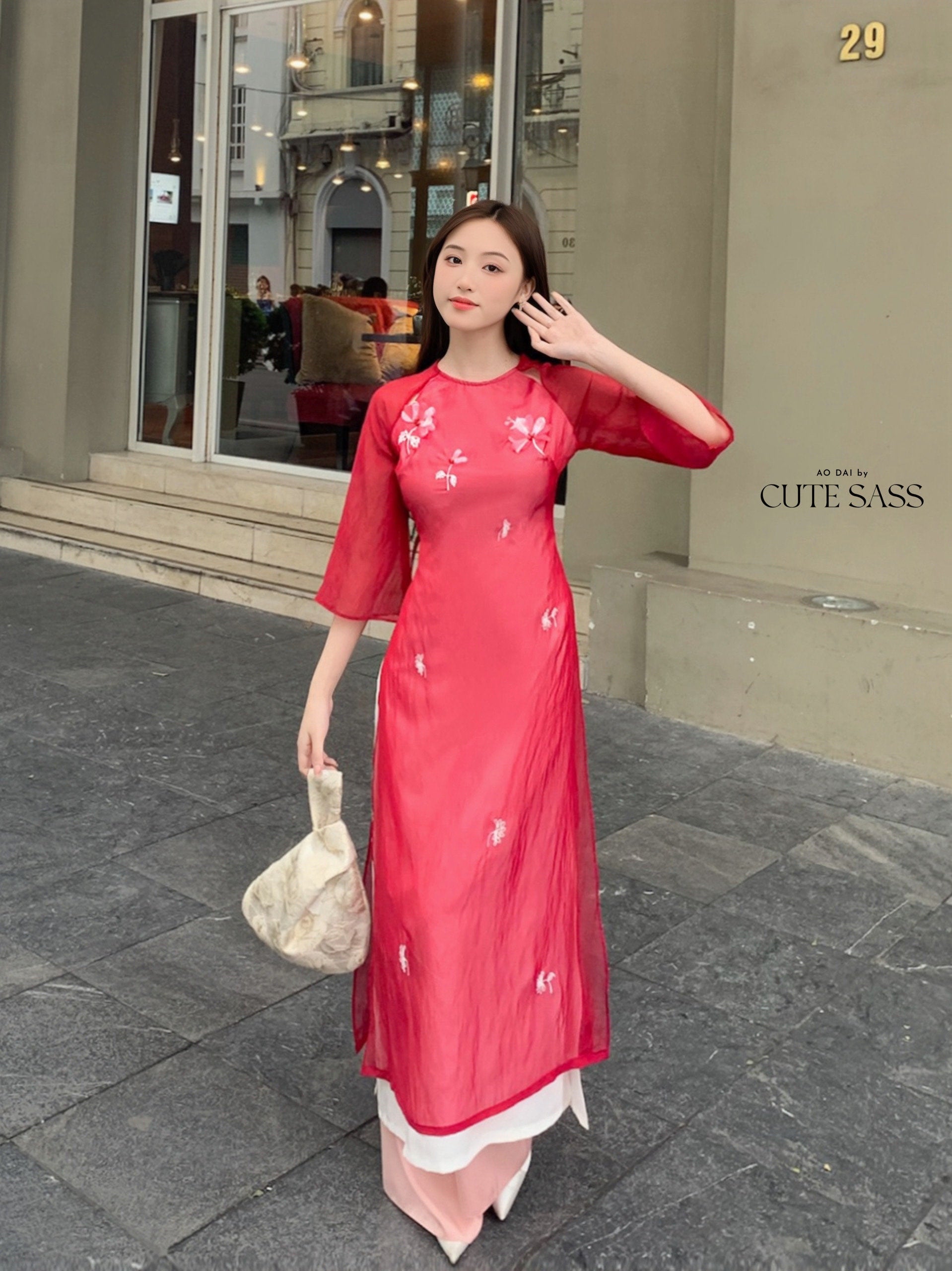 Red Embroidery Ao Dai Set | Pre-made Modernized Vietnamese Ao Dai | Pastel Ao Dai | Lunar New Year|