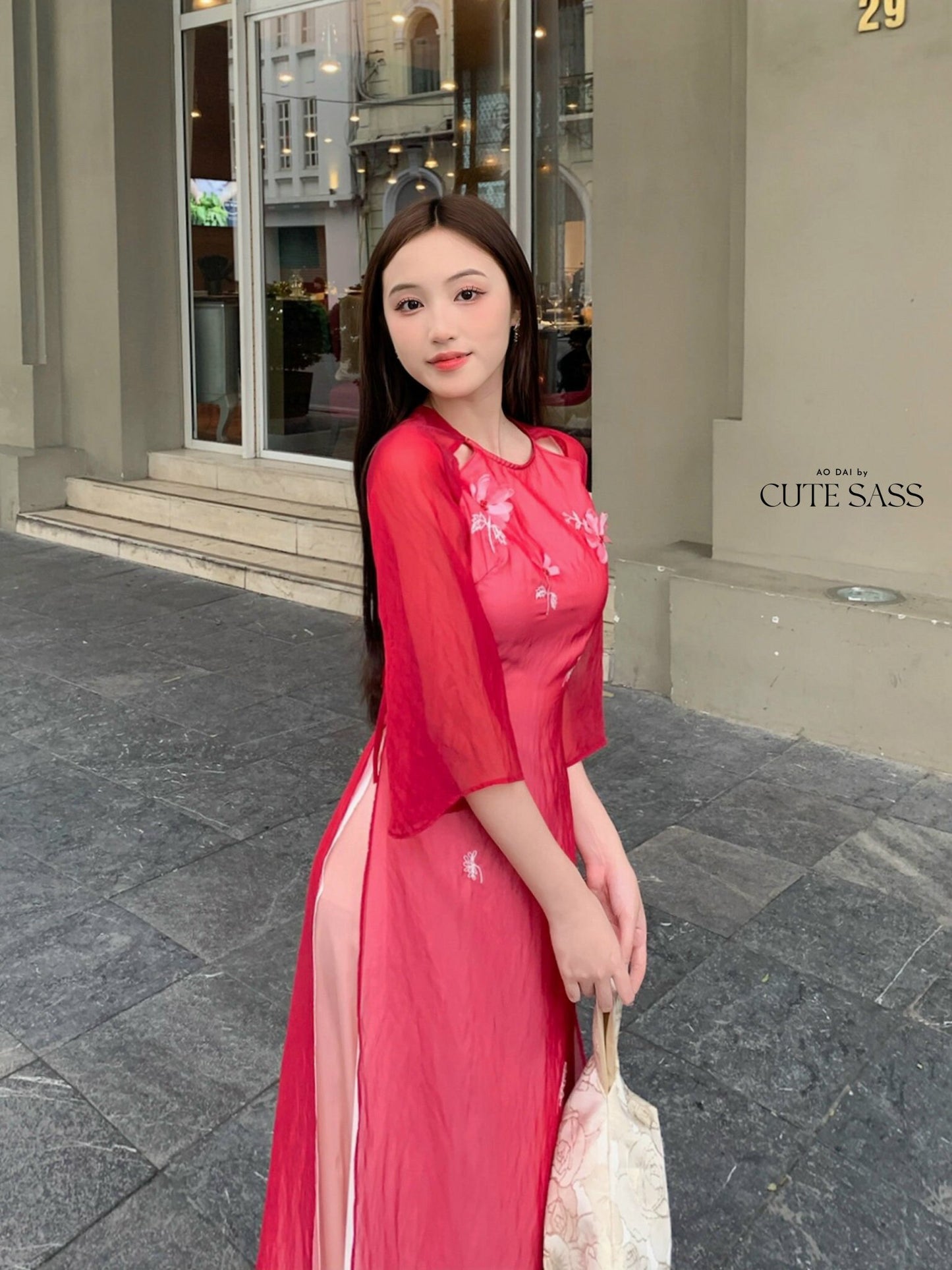 Red Embroidery Ao Dai Set | Pre-made Modernized Vietnamese Ao Dai | Pastel Ao Dai | Lunar New Year|