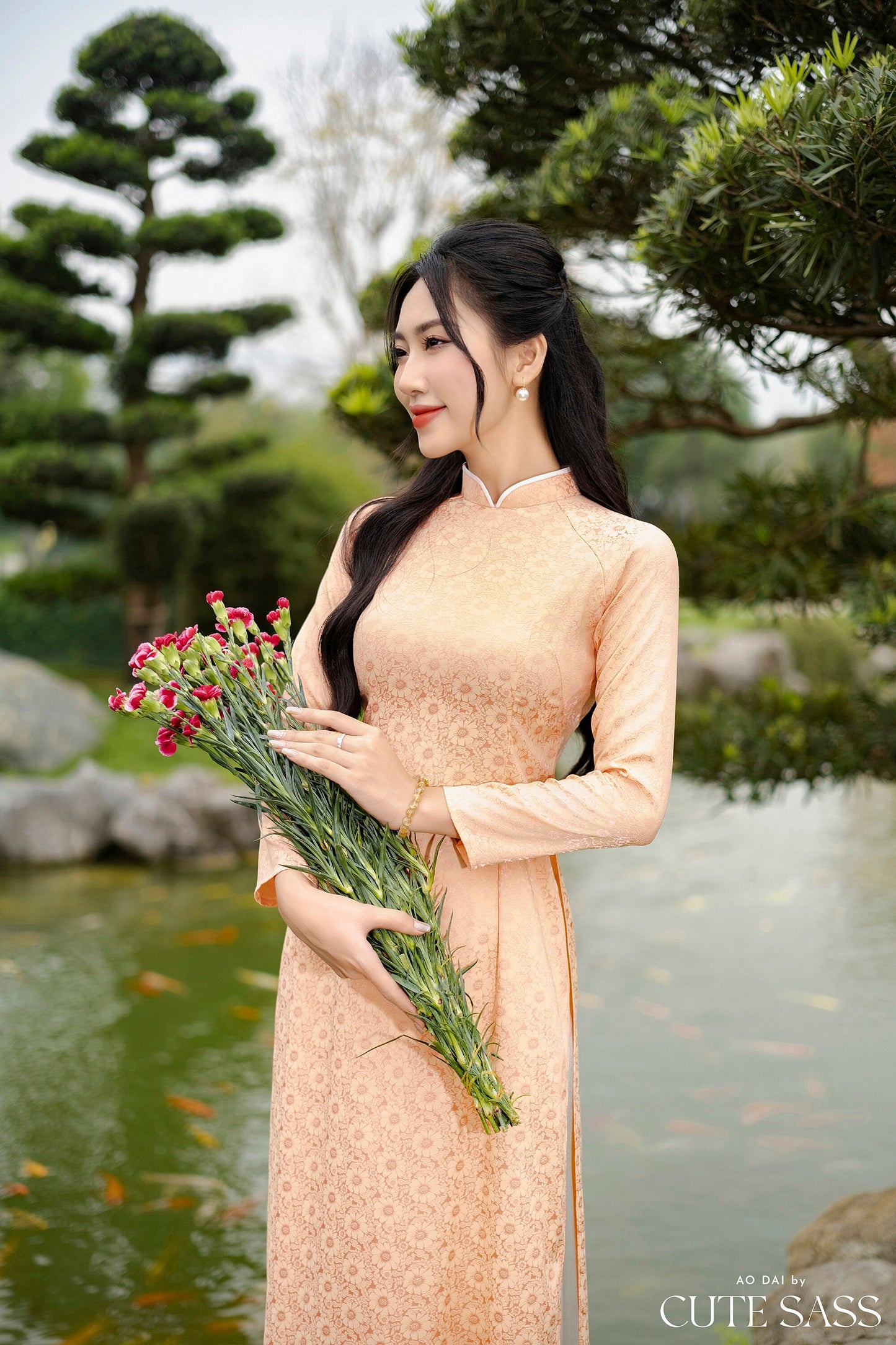 Peach Traditional Gấm Ao Dai Set