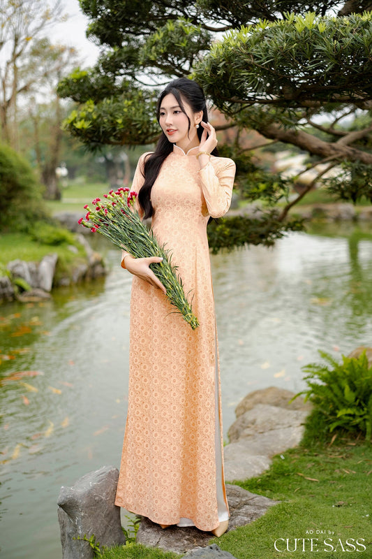 Peach Traditional Gấm Ao Dai Set