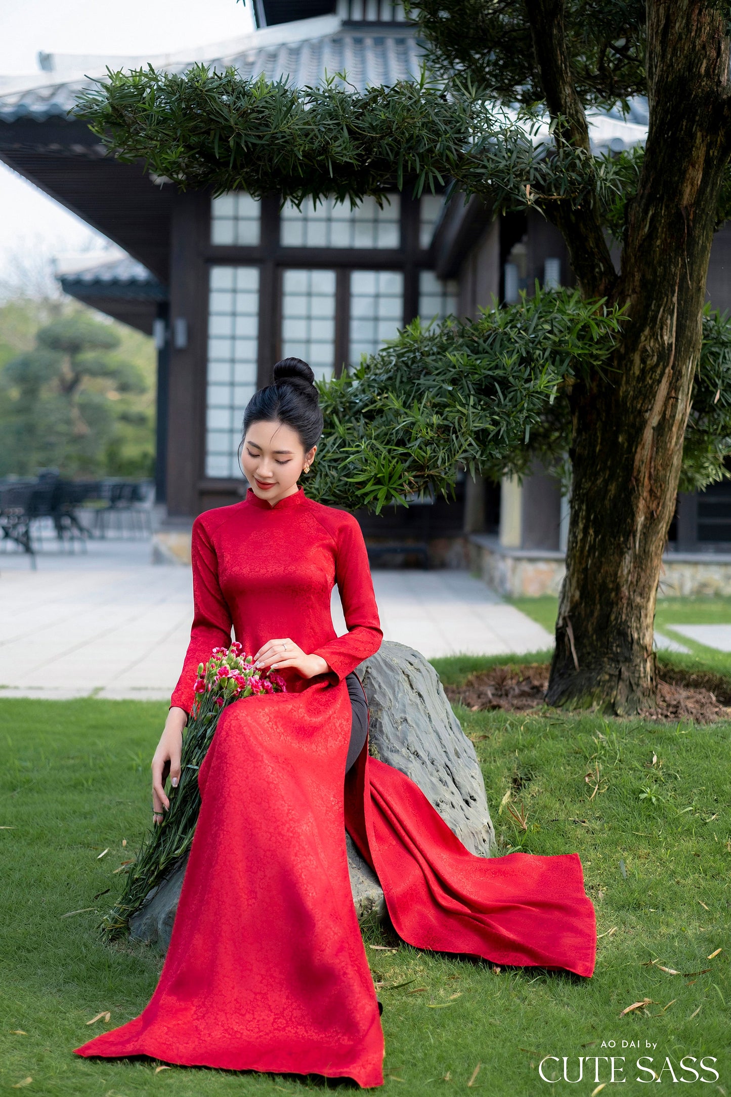 Maroon Traditional Gấm Ao Dai Set