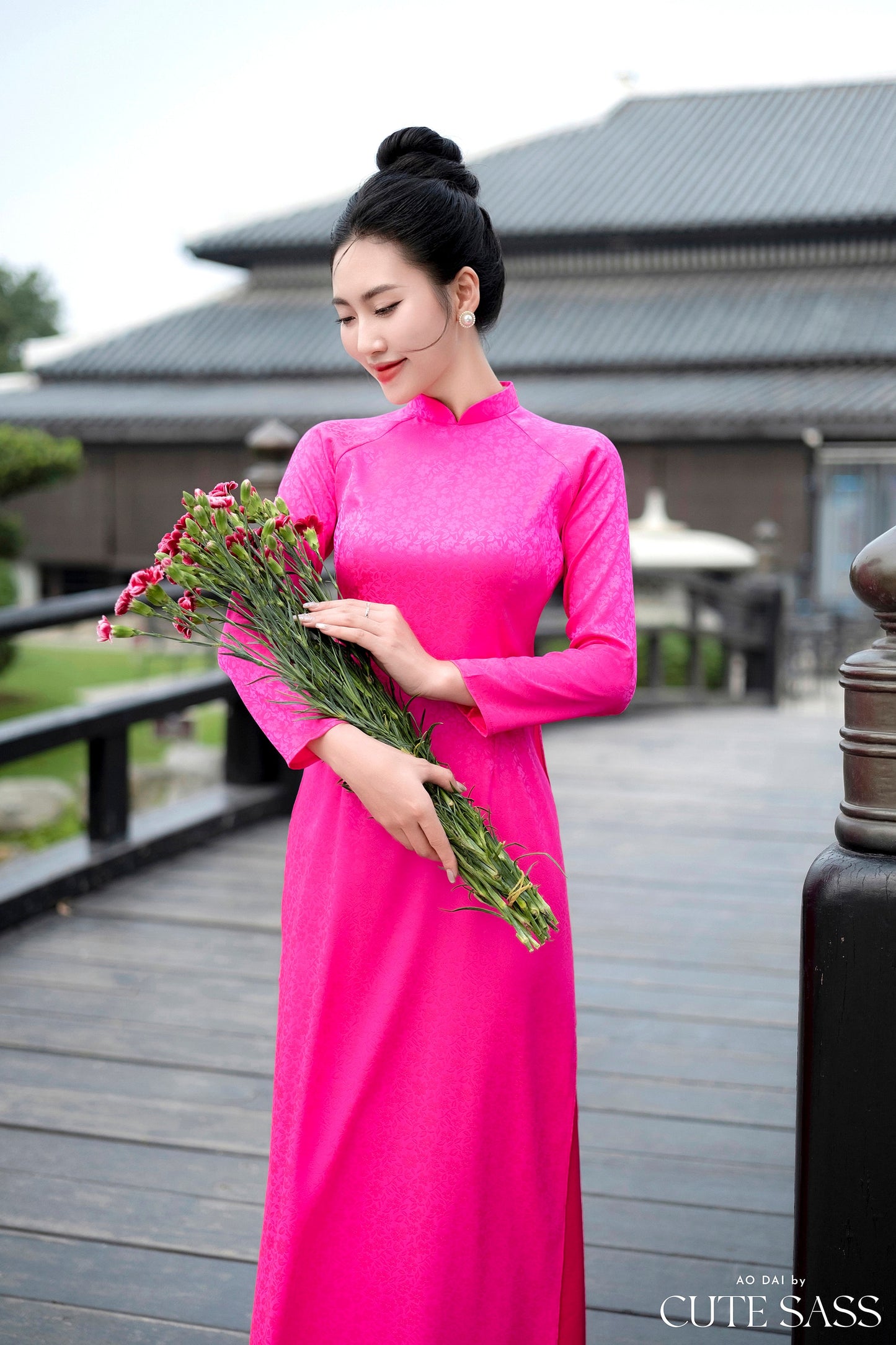 Hot Pink Traditional Gấm Ao Dai Set