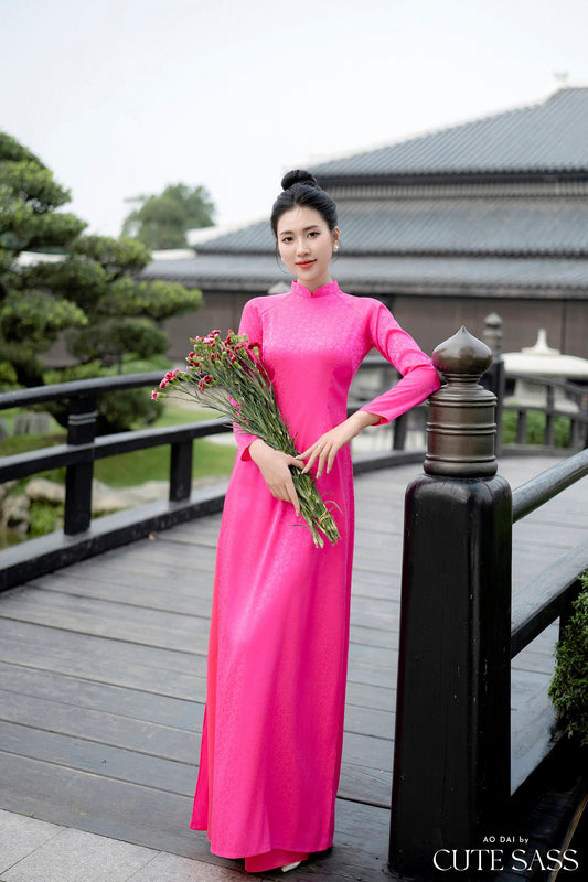 Hot Pink Traditional Gấm Ao Dai Set