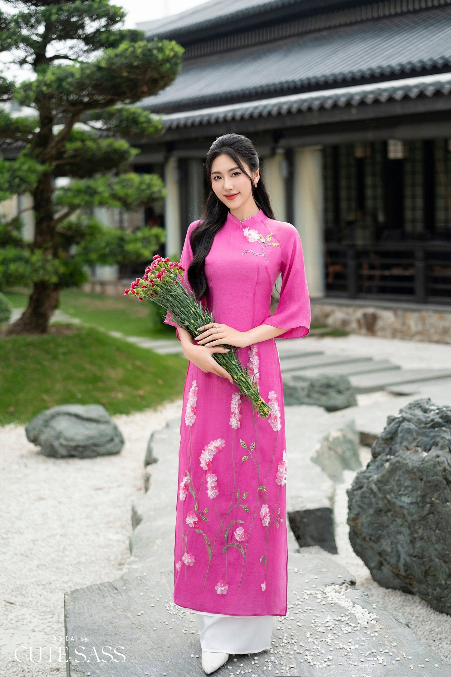 Magenta Embroidery Chiffon Ao Dai Set