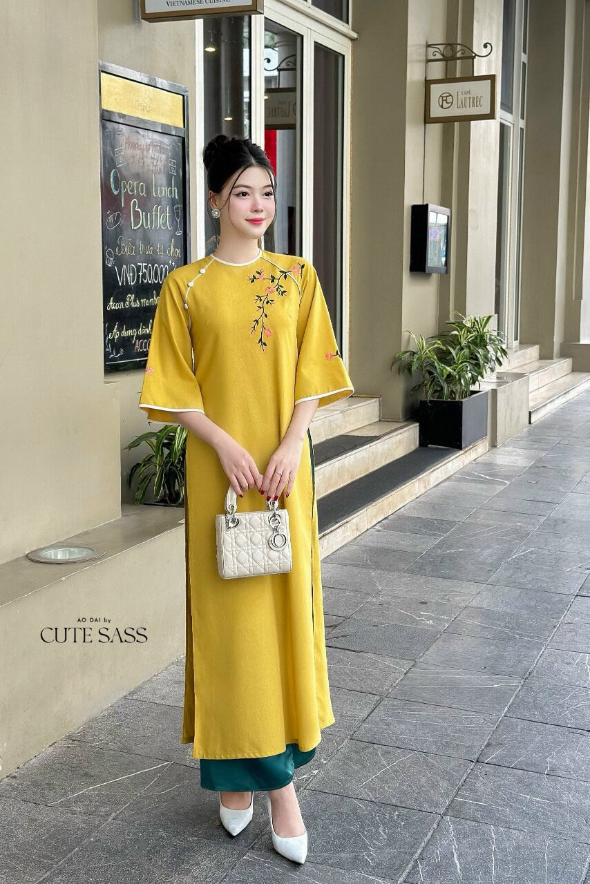 Shifted Embroidery Yellow Ao Dai Set |Pre-made Vietnamese Ao Dai|Women Ao Dai with Pants |Lunar New Year| Ao Dai Truyen Thong|