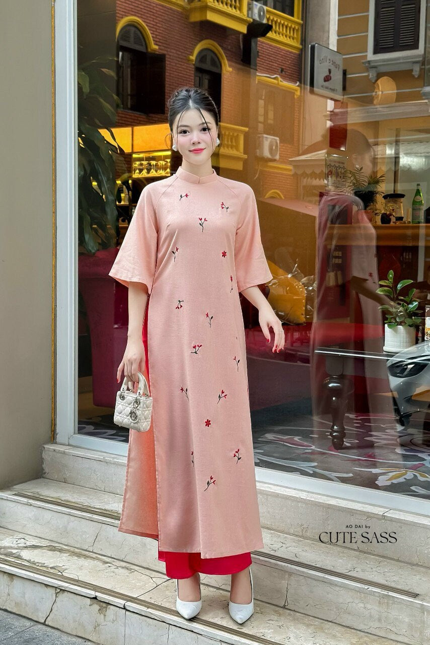 Shifted Embroidery Peach Ao Dai Set |Pre-made Vietnamese Ao Dai|Women Ao Dai with Pants |Lunar New Year| Ao Dai Truyen Thong|