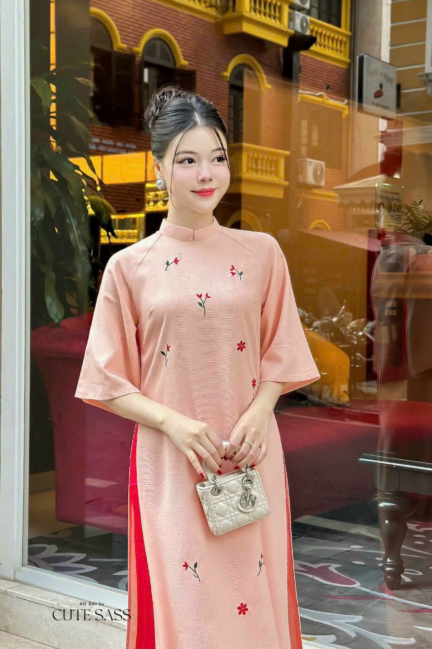 Shifted Embroidery Peach Ao Dai Set |Pre-made Vietnamese Ao Dai|Women Ao Dai with Pants |Lunar New Year| Ao Dai Truyen Thong|