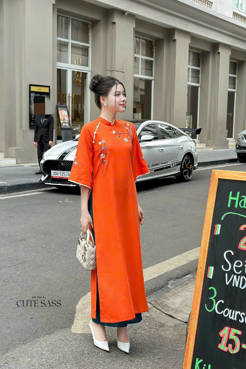 Shifted Embroidery Orange Ao Dai Set |Pre-made Vietnamese Ao Dai|Women Ao Dai with Pants |Lunar New Year| Ao Dai Truyen Thong|