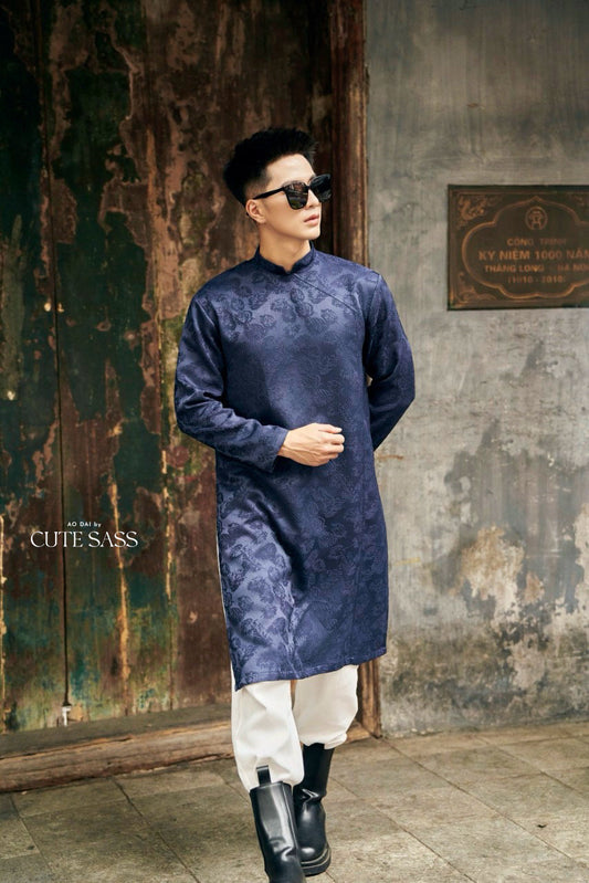 Men Dark Blue Gam Ao Dai Top | Pre-made Traditional Vietnamese Ao Dai| Lunar New Year | Ao Dai for Dad, Boy|Ao Dai Tet|