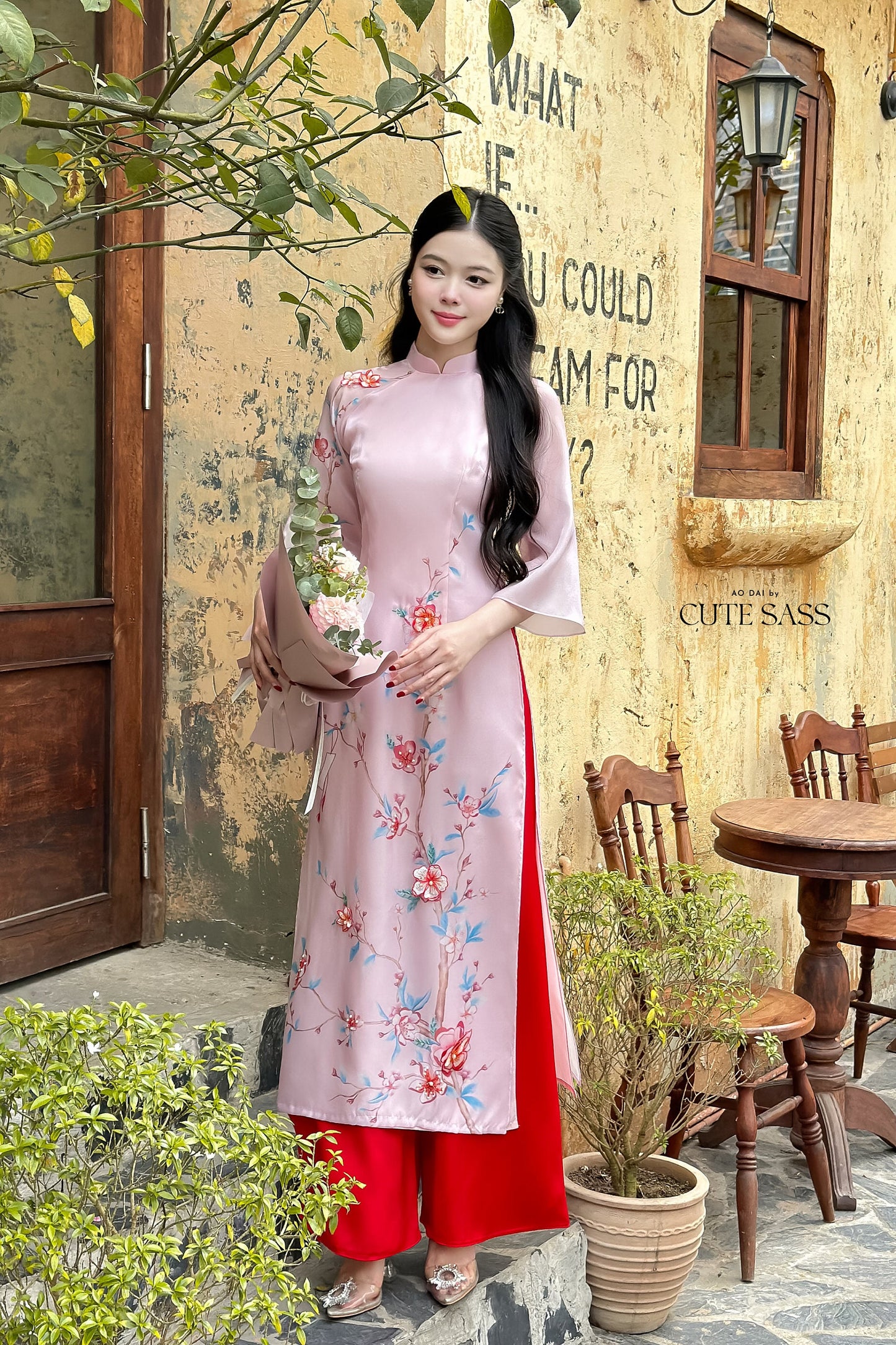 Light Pink Sparkle Spring Ao Dai Set| Pre-made Traditional Vietnamese Ao Dai|Ao Dai with Pants|Lunar New Year|Ao Dai Cach Tan|