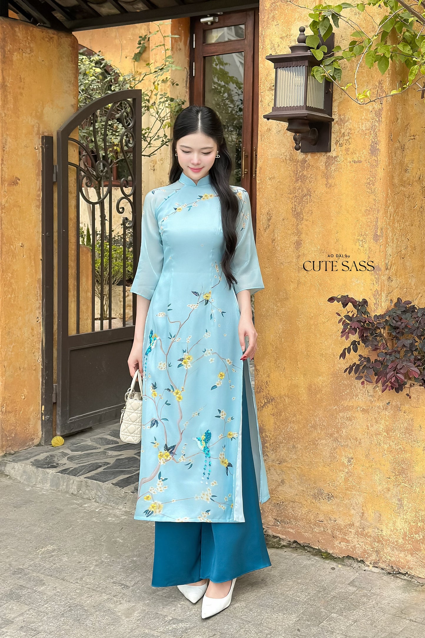 Blue Sparkle Spring Ao Dai Set| Pre-made Traditional Vietnamese Ao Dai|Ao Dai with Pants|Lunar New Year|Ao Dai Cach Tan|