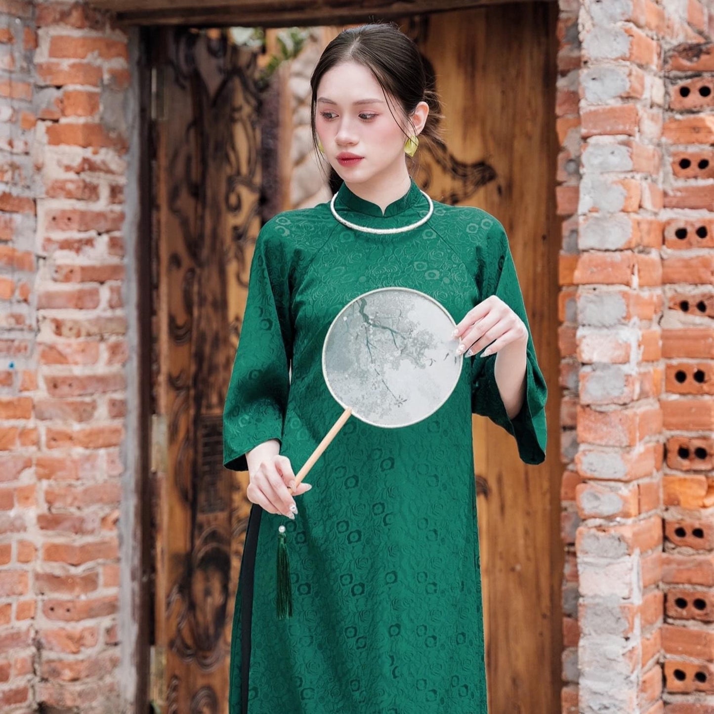 Shifted Green Gam Ao Dai Top Only, NO PANTS