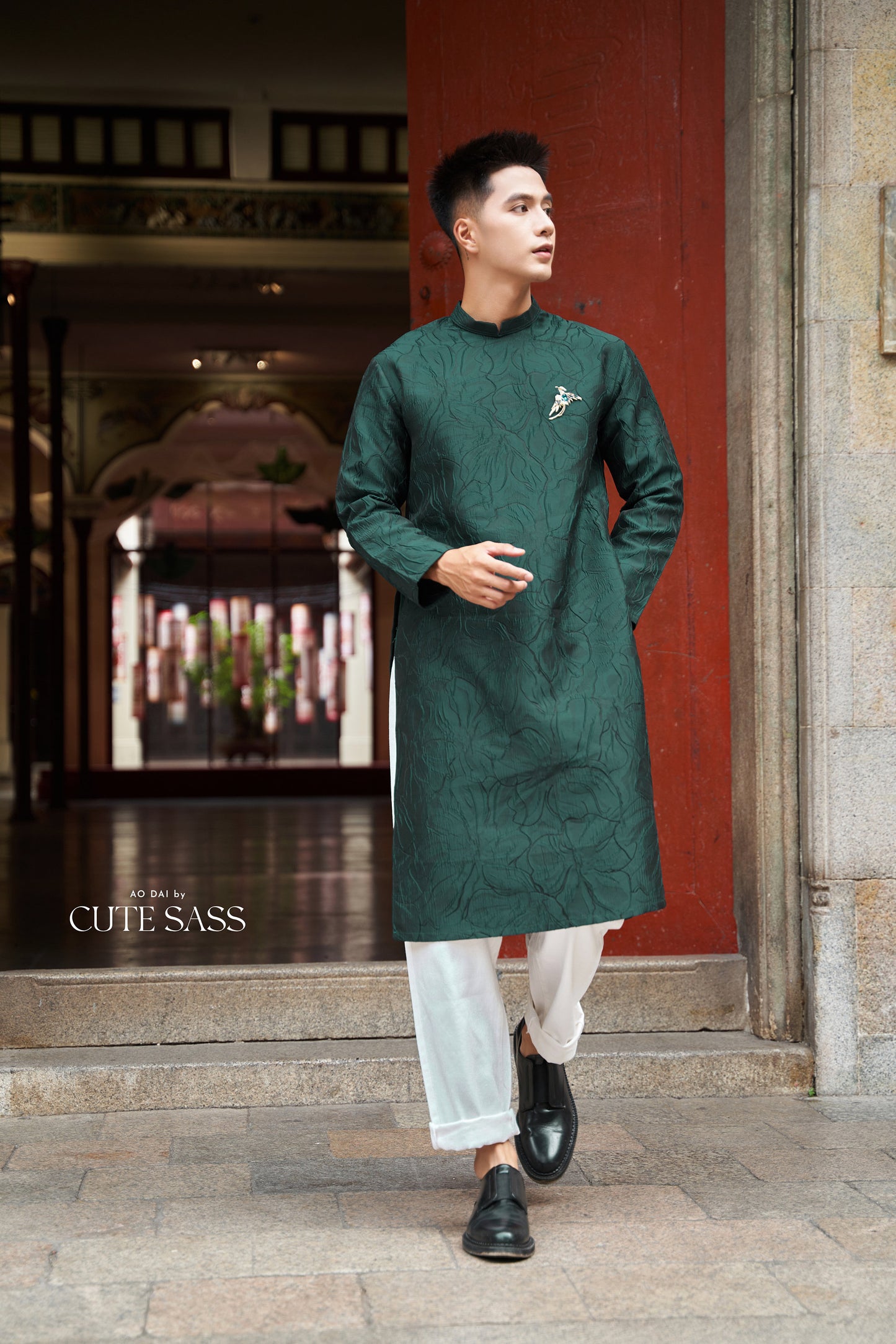 Men Dark Green 3D Muted Gam Ao Dai Top| Pre-made Traditional Vietnamese Ao Dai| Lunar New Year | Ao Dai for Dad, Boy | Ao Dai Tet|