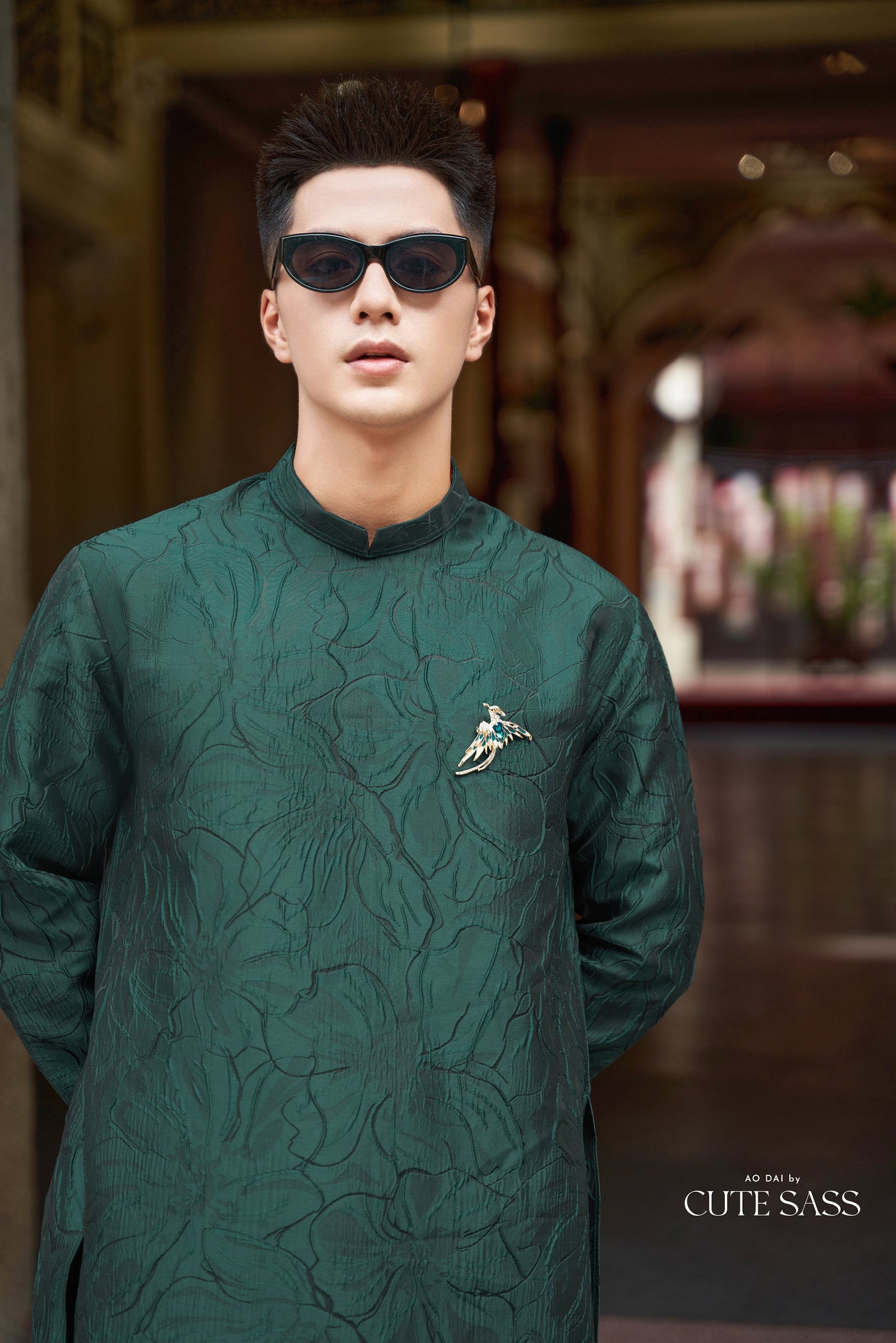 Men Dark Green 3D Muted Gam Ao Dai Top| Pre-made Traditional Vietnamese Ao Dai| Lunar New Year | Ao Dai for Dad, Boy | Ao Dai Tet|