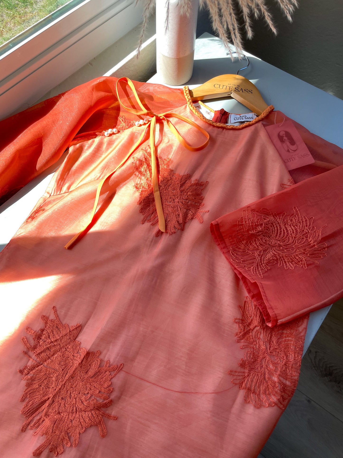 Shifted Orange Chiffon Embroidery Ao Dai Top Only, NO PANTS