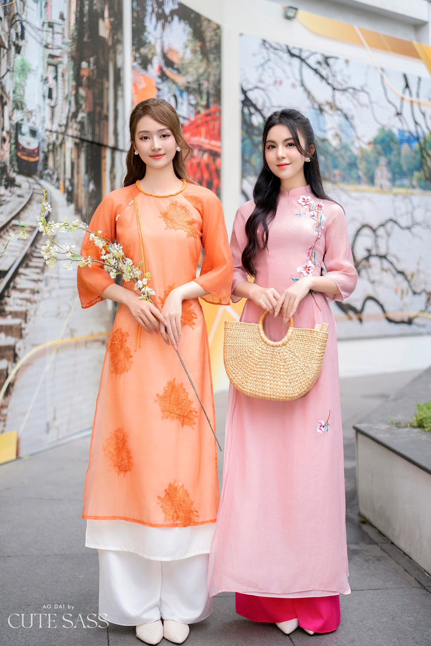 Light Pink 3D Blossoms Chiffon Ao Dai Set |Pre-made Modernized Vietnamese Ao Dai| Ao Dai with Pants | Lunar New Year| Ao Dai Truyen Thong|