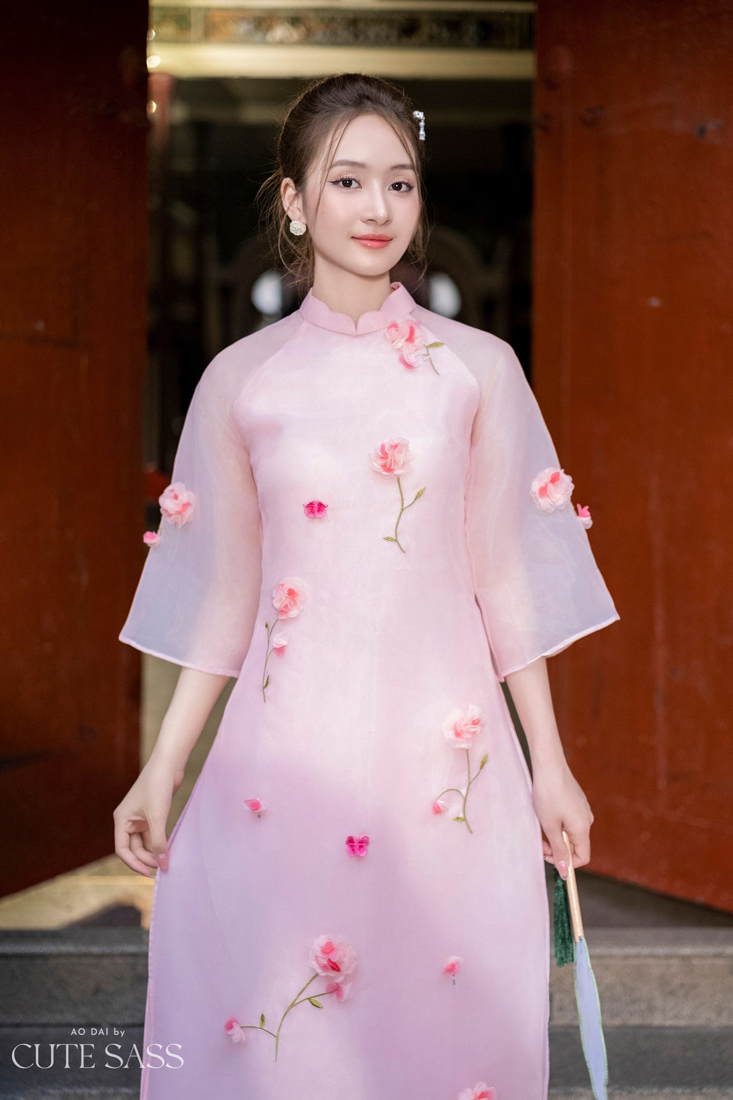 Pink 3D Blossoms Ao Dai Set