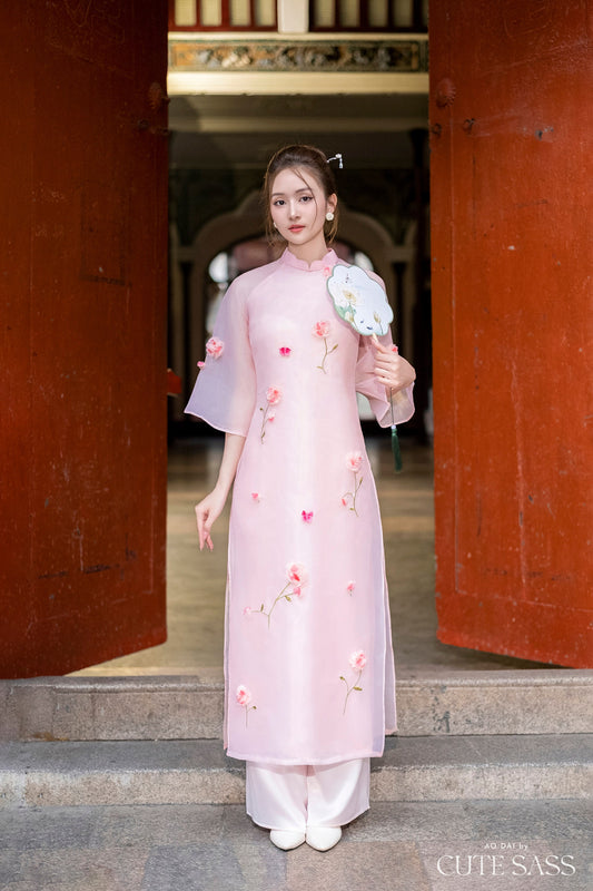 Pink 3D Blossoms Ao Dai Set