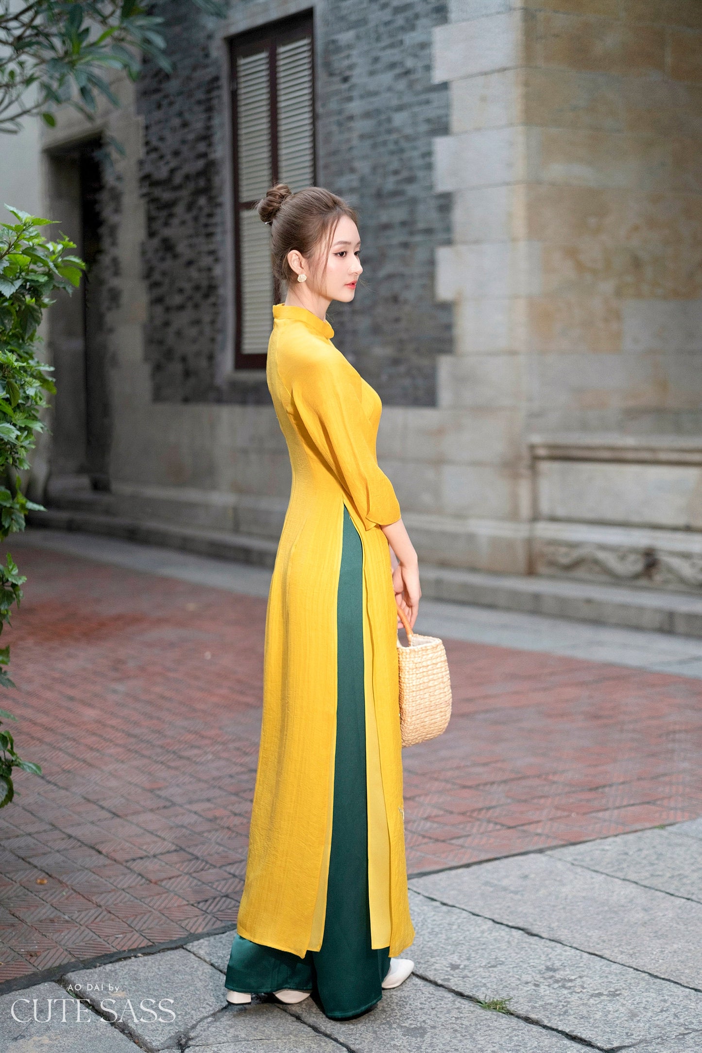 Yellow Embroidery Chiffon Ao Dai Set |Pre-made Modernized Vietnamese Ao Dai