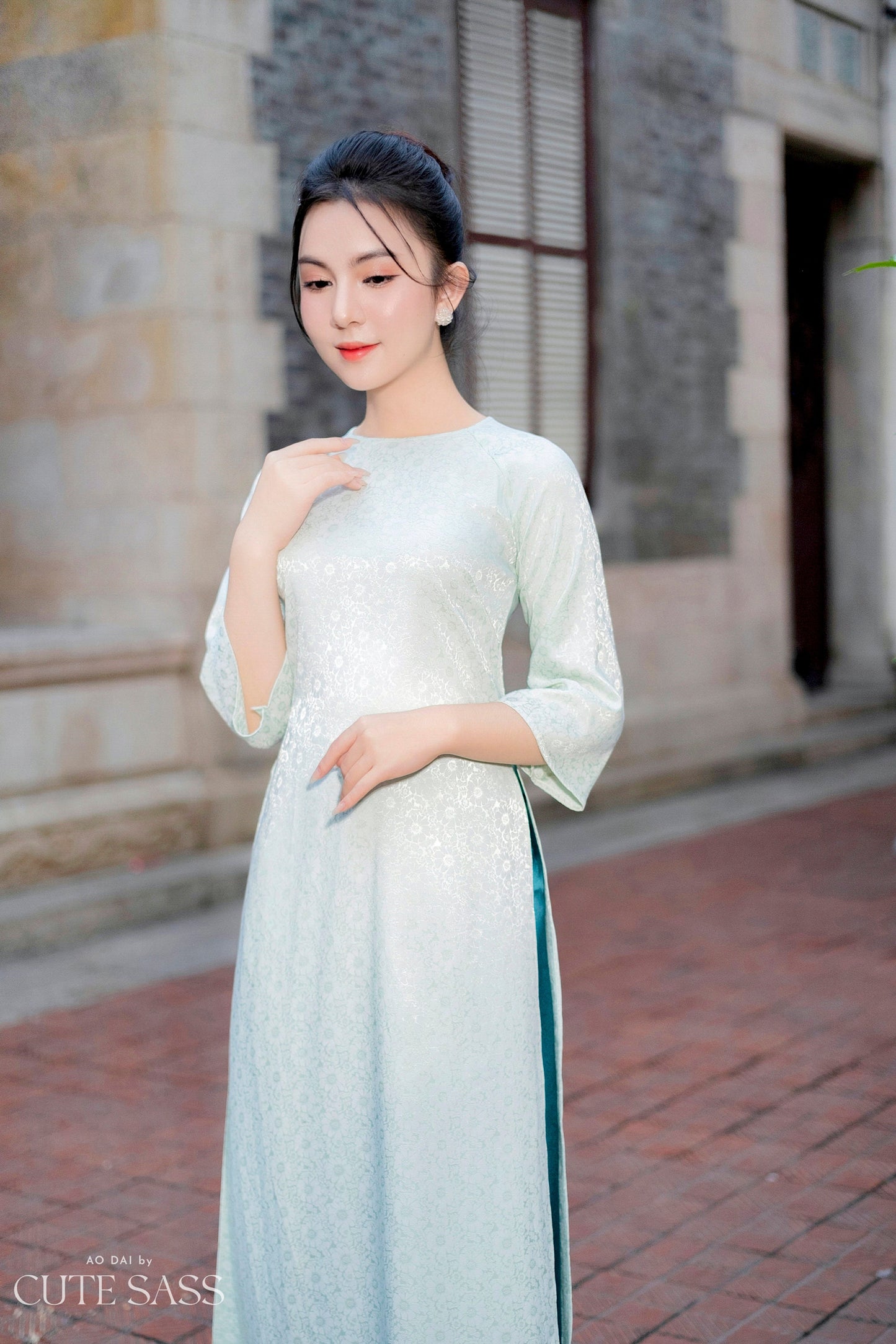 Shifted Cyan Button Gam Ao Dai Top Only (NO PANTS)