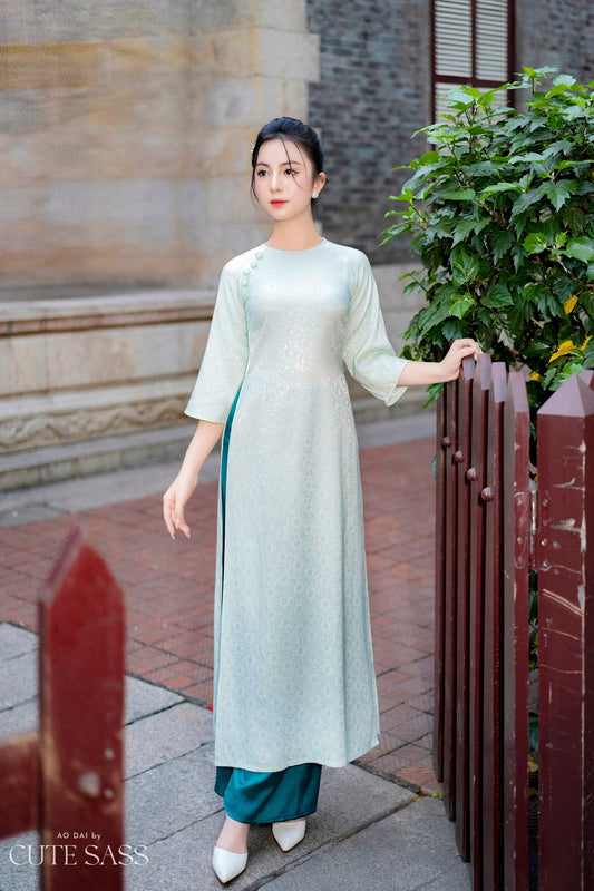 Shifted Cyan Button Gam Ao Dai Top Only (NO PANTS)