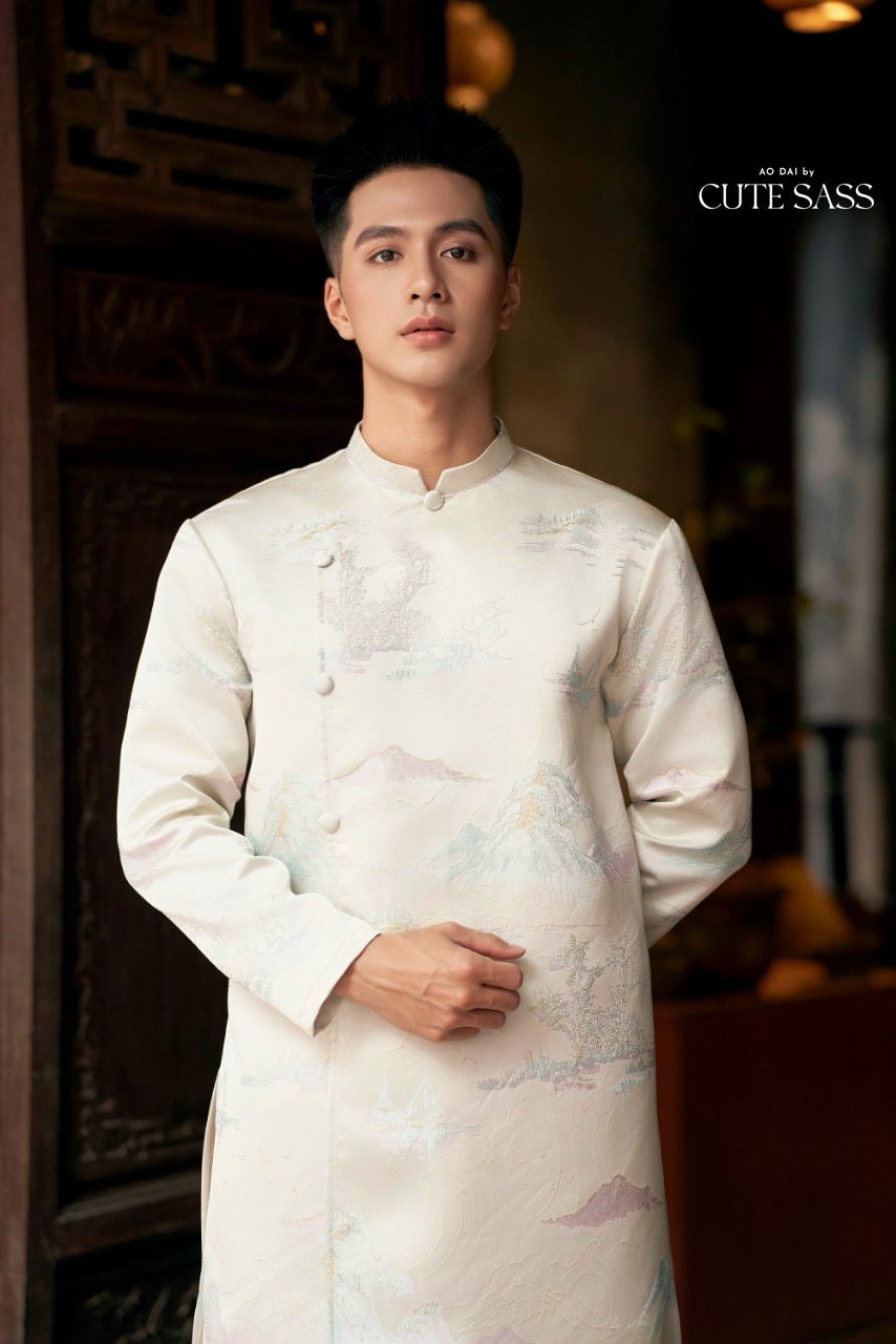 Men Silver/Blue Shiny Gam Ao Dai Top| Pre-made Traditional Vietnamese Ao Dai| Lunar New Year | Ao Dai for Dad, Boy | Ao Dai Tet|