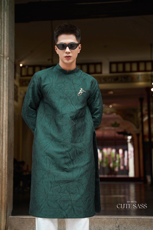 Men Dark Green 3D Muted Gam Ao Dai Top| Pre-made Traditional Vietnamese Ao Dai| Lunar New Year | Ao Dai for Dad, Boy | Ao Dai Tet|