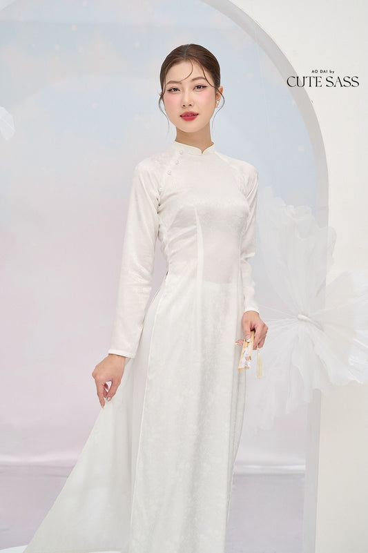 Tinh Kỳ - White High Collar Ao Dai Set |Pre-made Traditional Vietnamese Ao Dai|Ao Dai with Pants|Graduaion