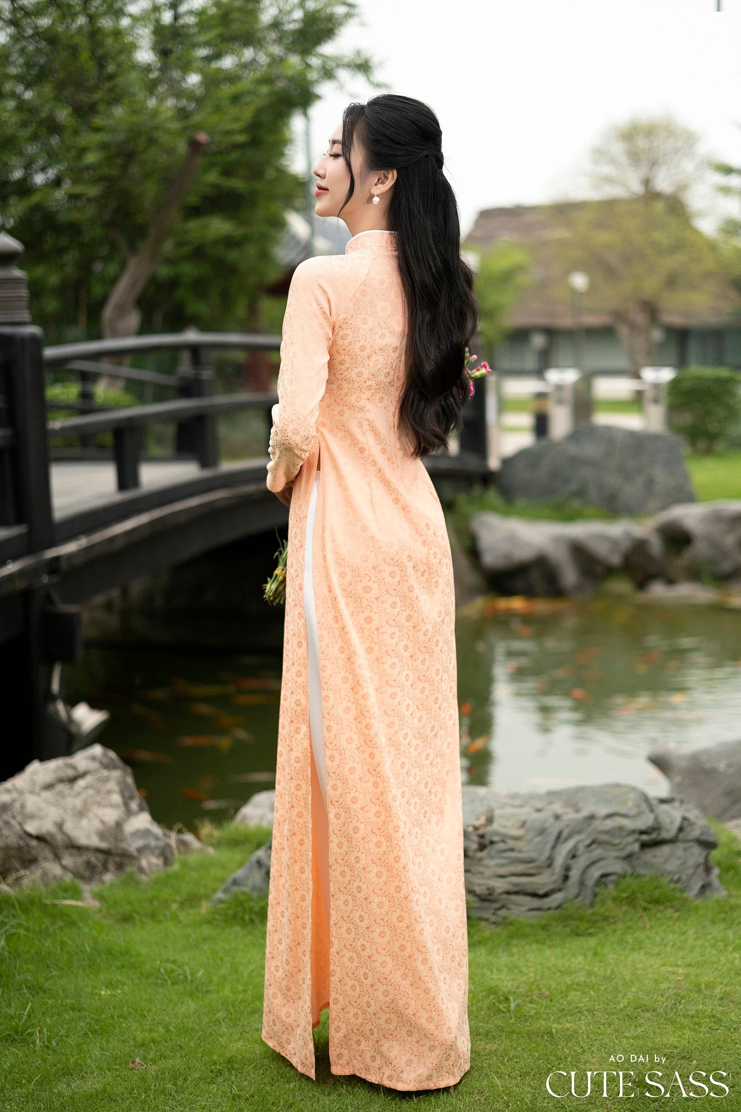 Peach Traditional Gấm Ao Dai Set