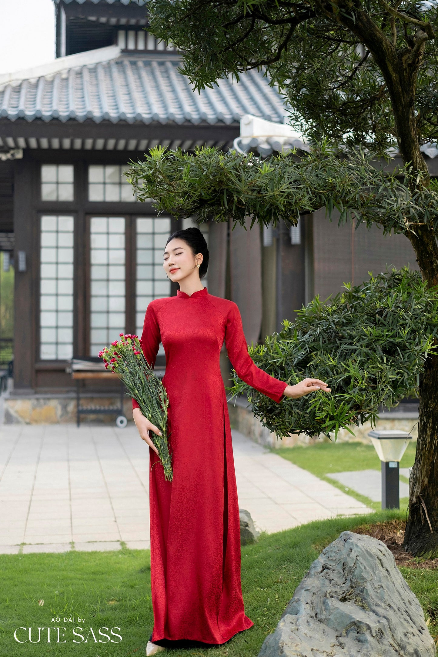 Maroon Traditional Gấm Ao Dai Set