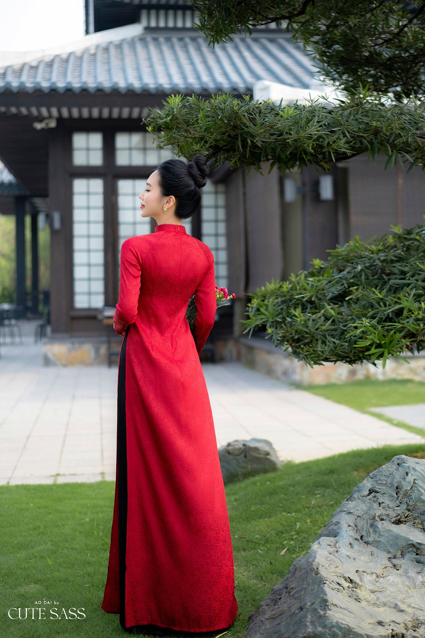 Maroon Traditional Gấm Ao Dai Set