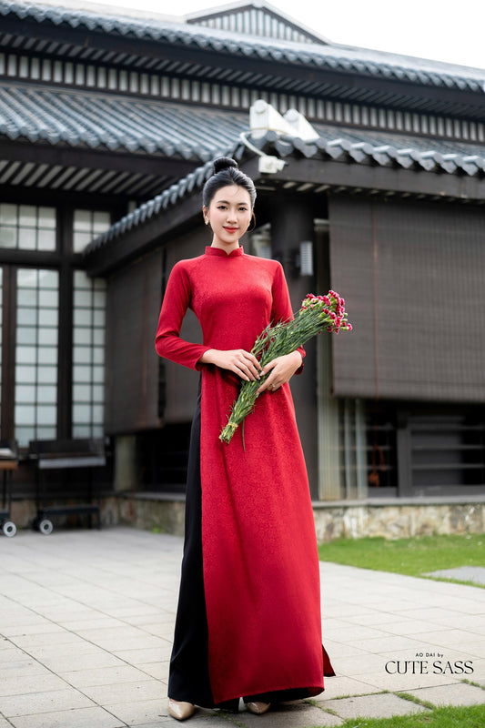 Maroon Traditional Gấm Ao Dai Set