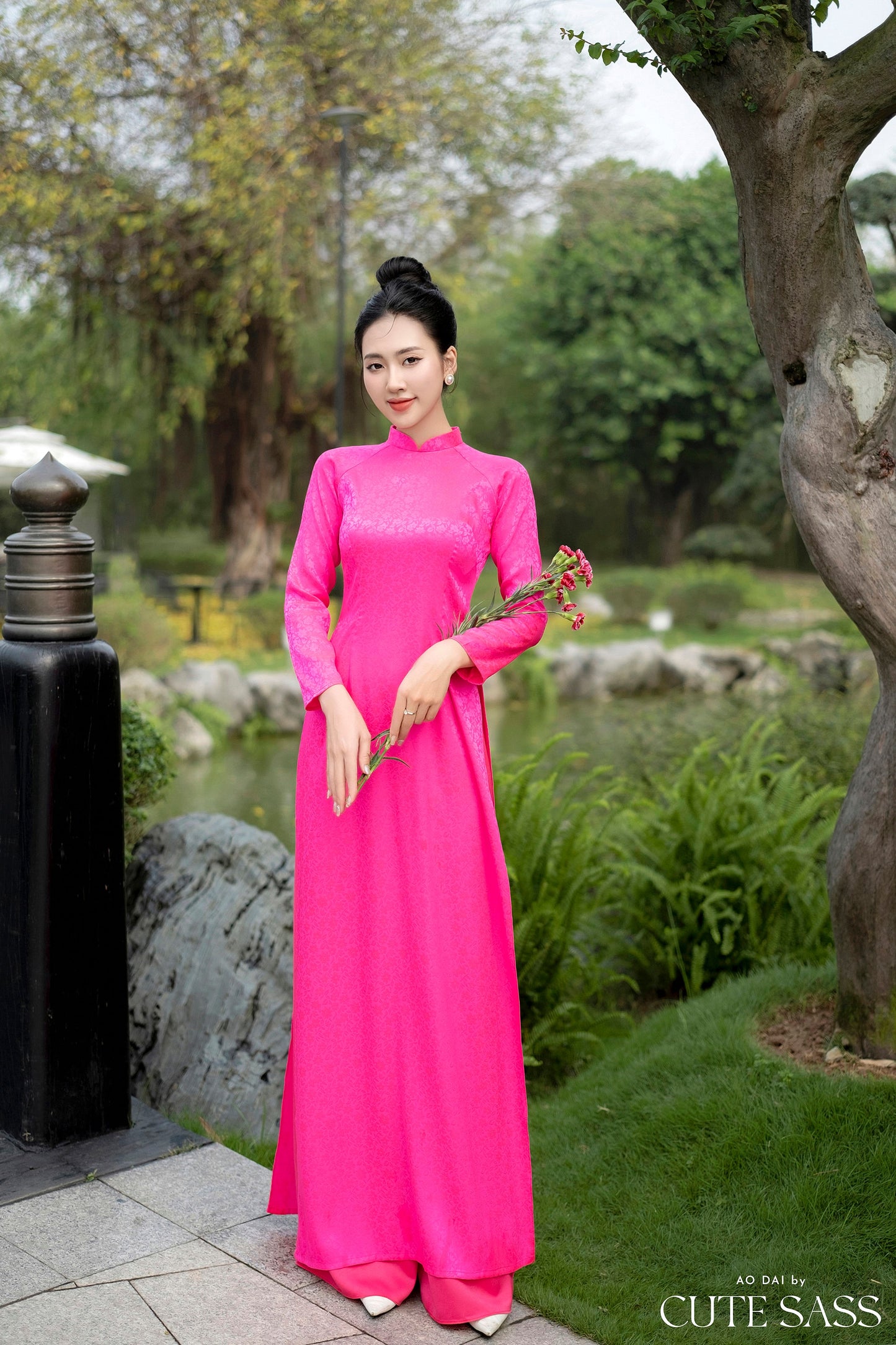 Hot Pink Traditional Gấm Ao Dai Set
