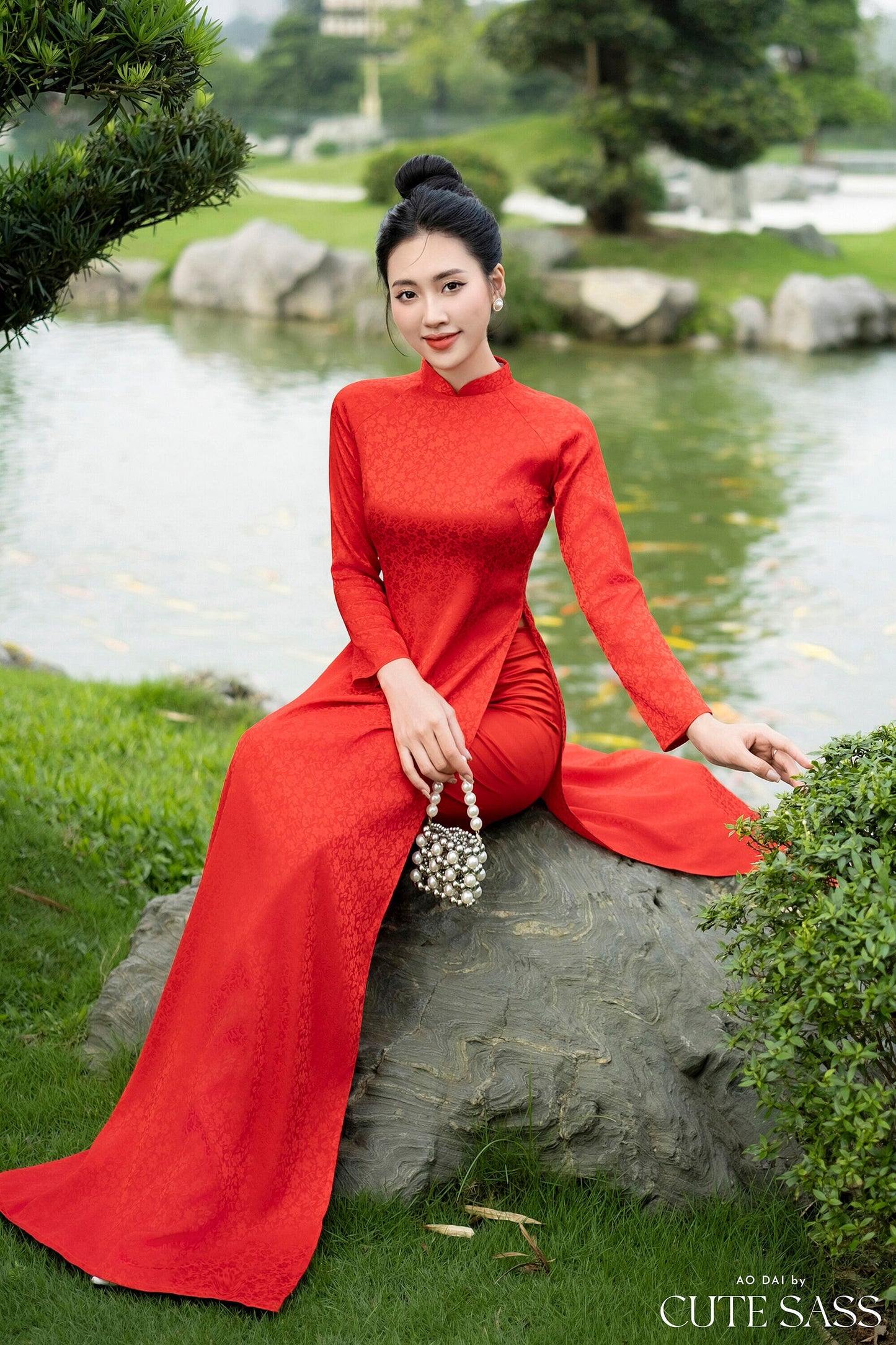 Red Traditional Gấm Ao Dai Set | Pre-made Traditional Vietnamese Ao Dai | Lunar New Year| Ao Dai Cuoi|Women Ao Dai with Pants|