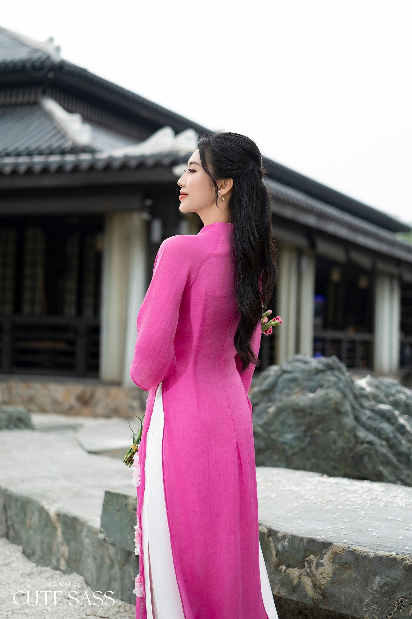 Magenta Embroidery Chiffon Ao Dai Set